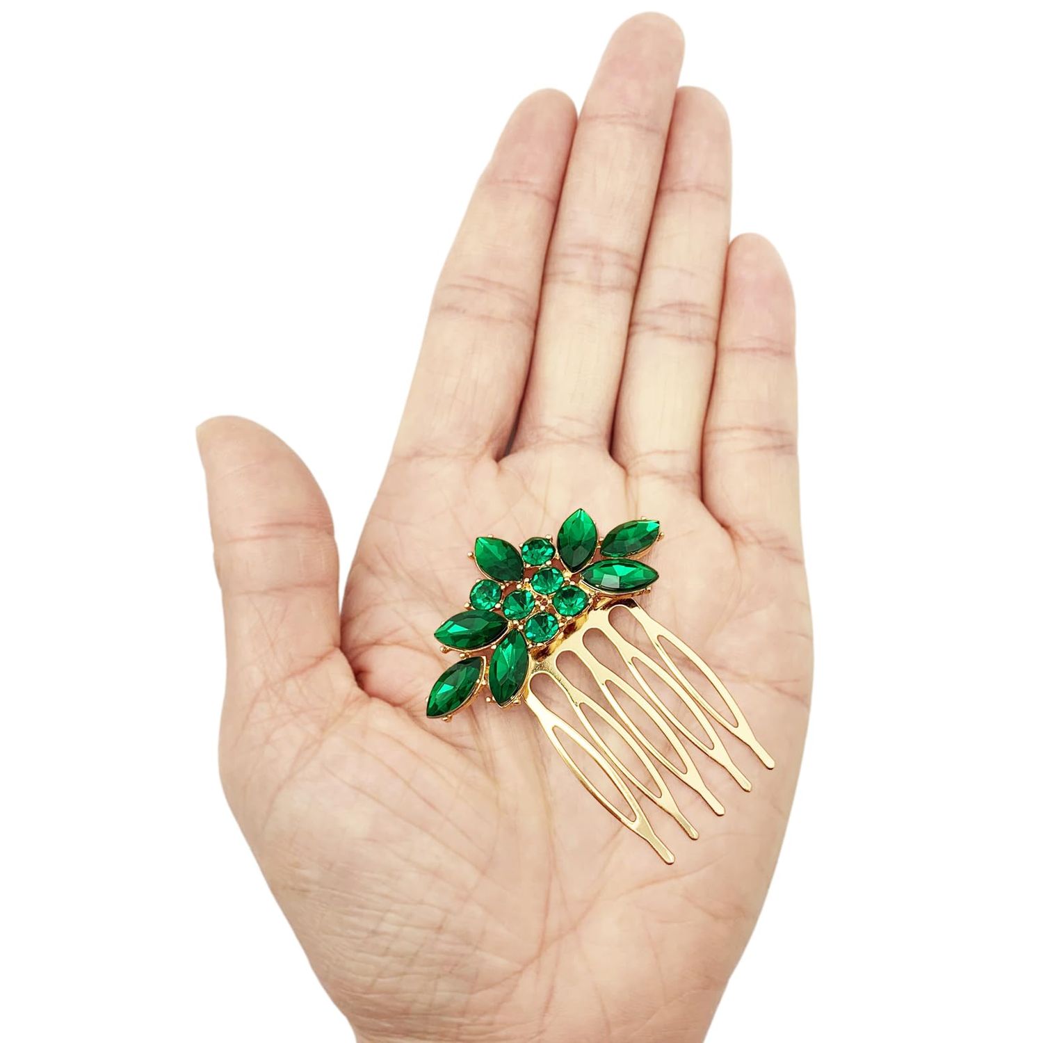 BETITETO Bridal Crystal Hair Piece with Comb 3 Pieces Small Rhinestone Wedding Gold Hair Pins Accessories for Women Girls (Green)