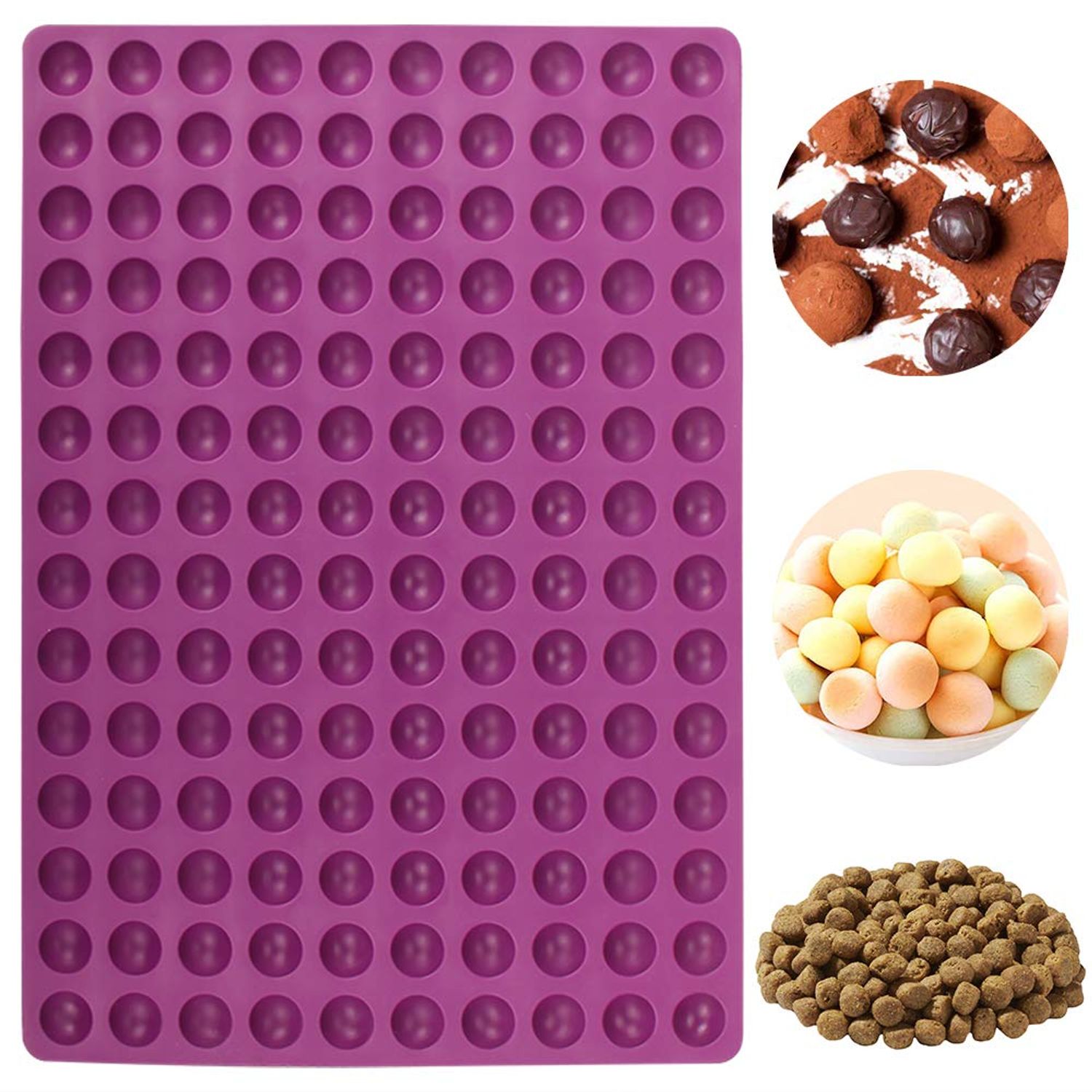 Webake Mini Round Silicone Molds, Semi Sphere Gummy Candy Molds, Baking Mat Cooking Sheet For Pets, Dog Treat Pan, Baking Mold Small Dot Cake Decoration, 140 Cavity (Purple-0.8 Inch)