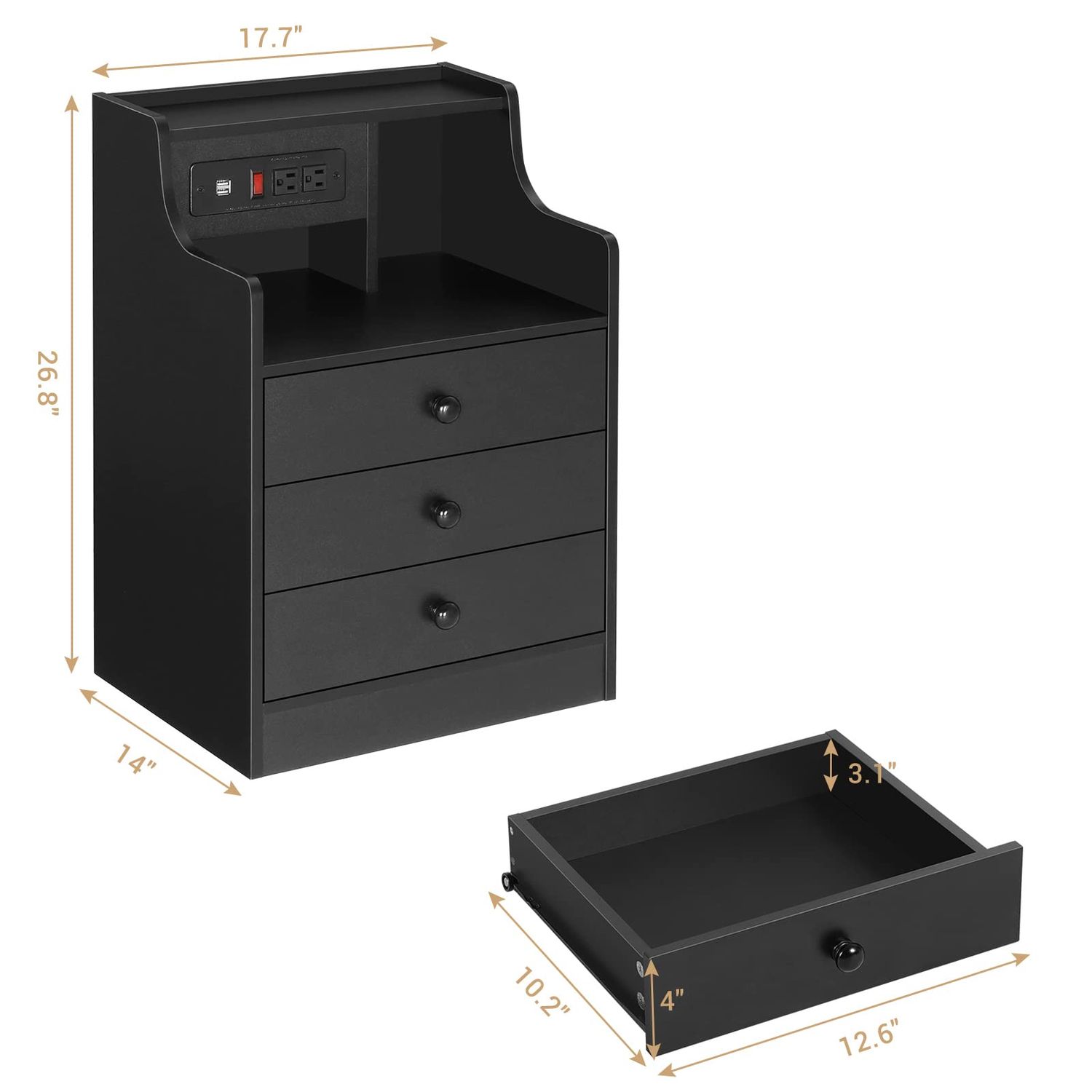 Tiptiper Black Nightstand with Charging Station 3 Drawers, Wood Sofa End Side Table with USB Ports and Outlet, Bedside Table Bedroom Nightstand with Sliding Drawer & Hutch