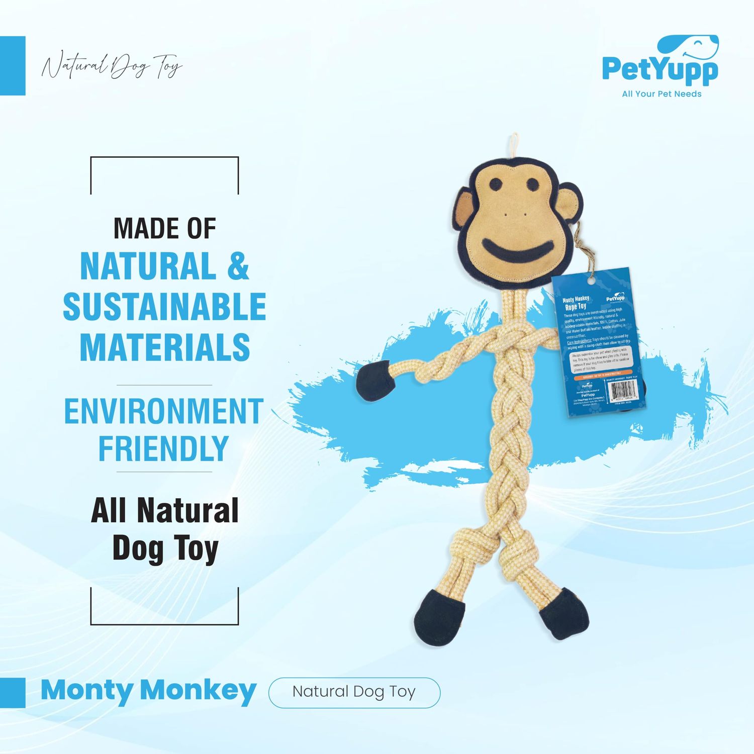 PetYupp Natural Cotton & Jute with Genuine Leather Rope Dog Chew Toy - 16" Long - Interactive Dog Toy for Teething Puppies, Small, & Medium Size Dogs, Promote Dental Health (Monty Monkey)