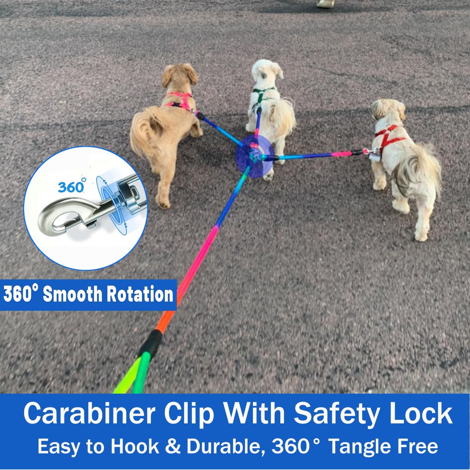 Heavy Duty 3 Dog Leash No Tangle, 3 in 1 Multiple Dog Leash, Double Dog Leash for 2 Dogs,3 Way Dog Leash with Soft Padded Handle, Detachable Triple Dog Leash Large Dog Leash for Walking and Training