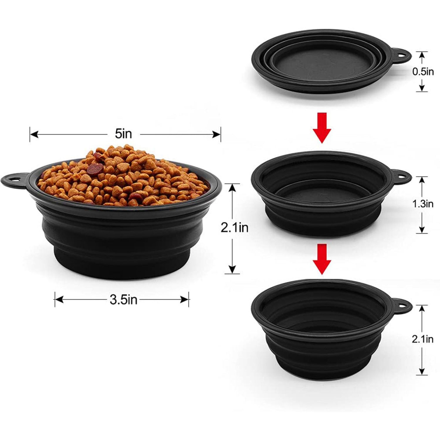 5" Portable & Foldable Small Dog Bowl - Black (5 Pack) - Compact Travel Pet Bowl