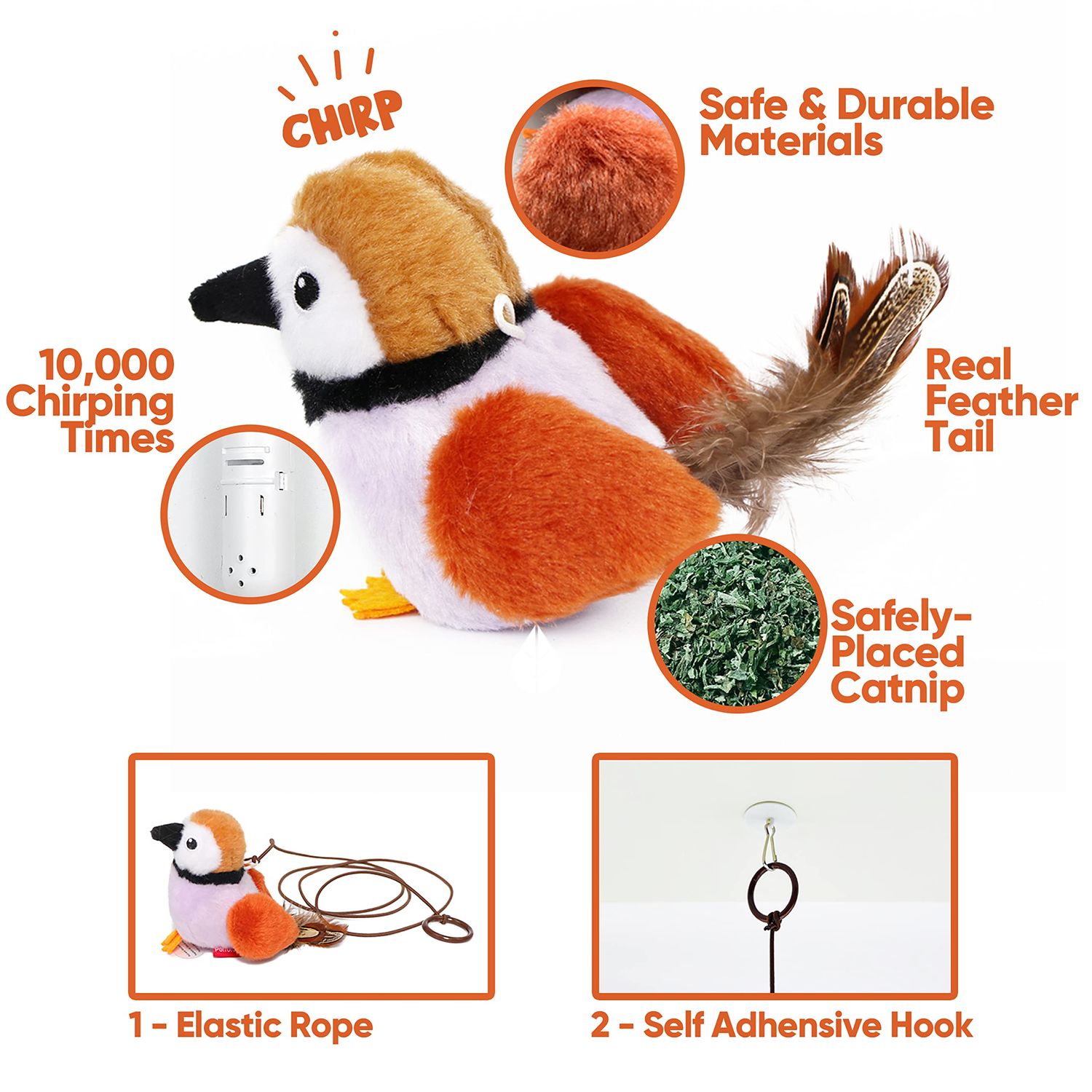 PETFUTURE Cat Toys for Indoor Cats,Interactive Chirping Bird Cat Toys with Catnip and Feather, Kitten Toys, DIY Cat Wand Toys Hanging from Door Cat Tree Cat Tower Toy for Indoor Cats