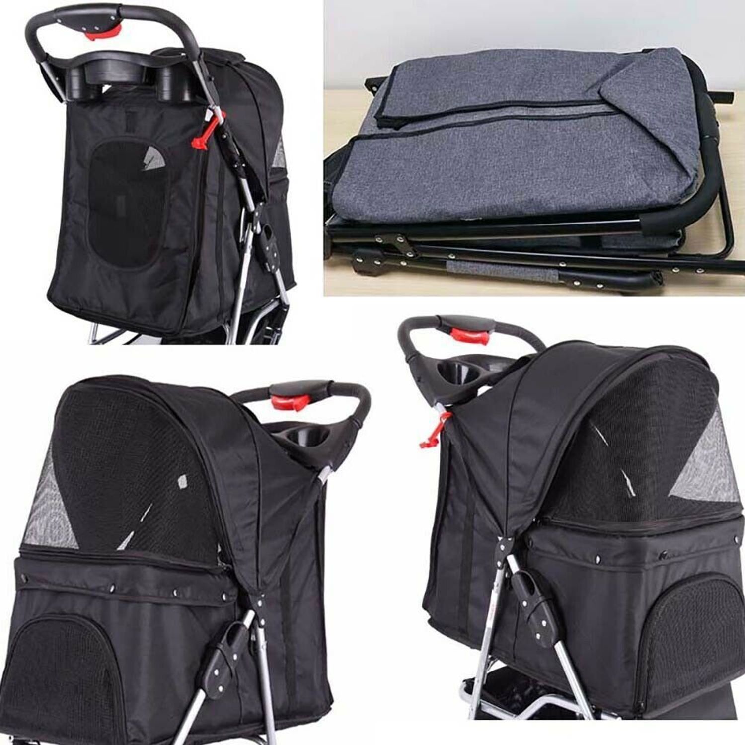Pet Stroller 3 Wheels Multifunction Dog Cat Stroller w/Storage Basket&Cup Holder