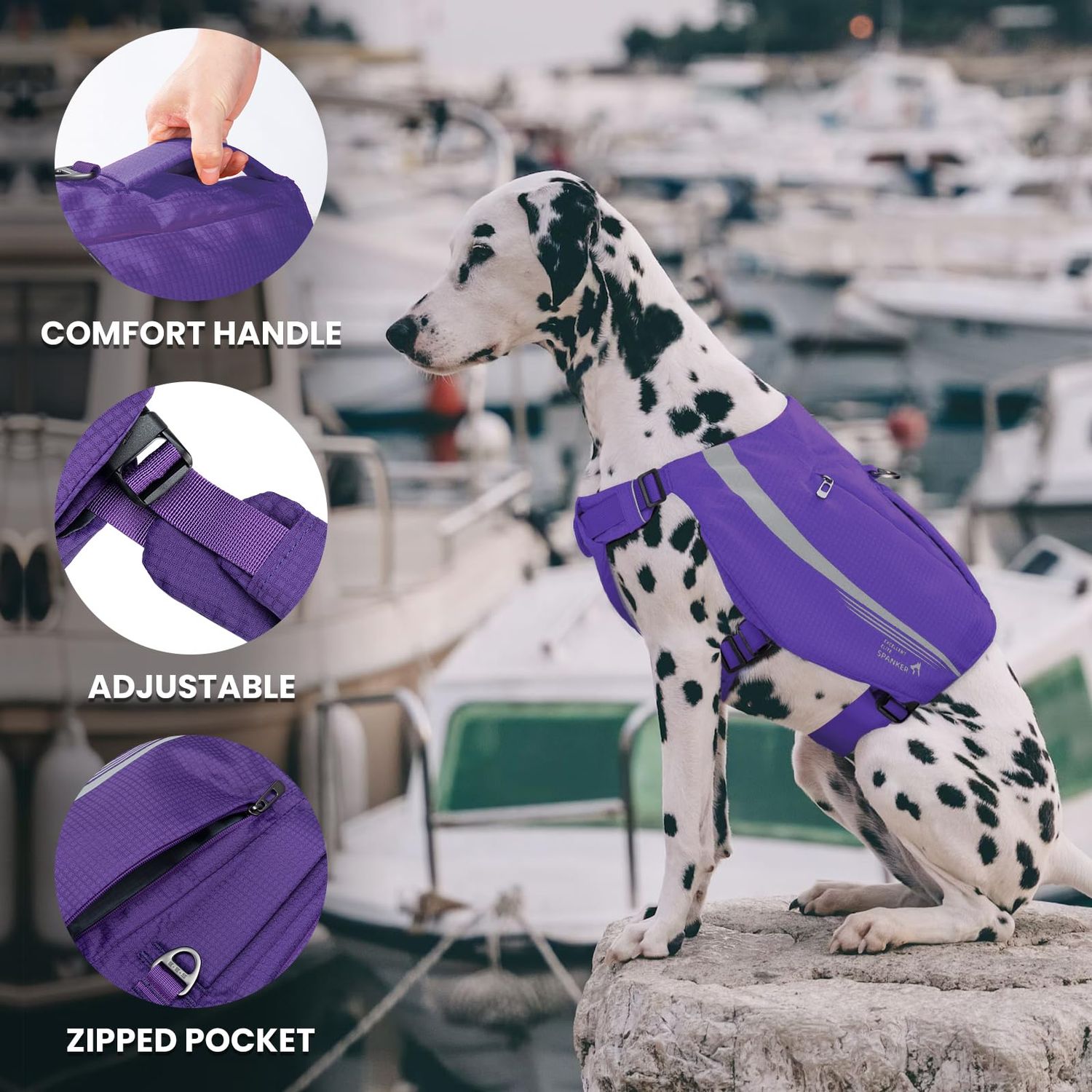 EXCELLENT ELITE SPANKER Y-Shaped Reflective Dog Backpack with Handle Pockets No Pull D-Rings Lightweight Hiking Gear for Dogs Hunting Camping Travel (Purple)