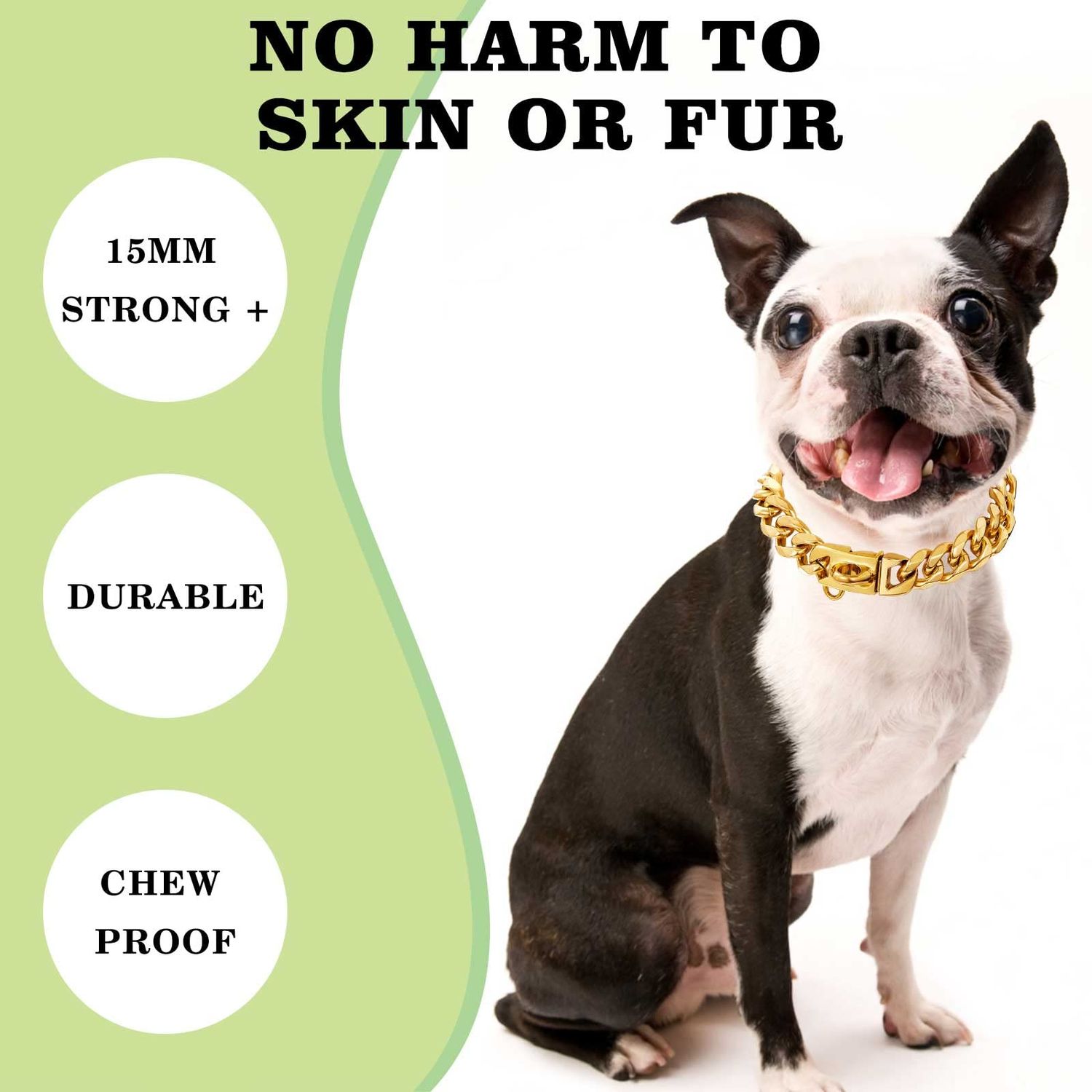 Stainless Steel Silver Gold Dog Collars with Safety Buckle Lock,18K Cuban Link Chain Training Collar,15MM Strong Dog Necklace Heavy Duty Chew Proof for Small Medium Large Dog