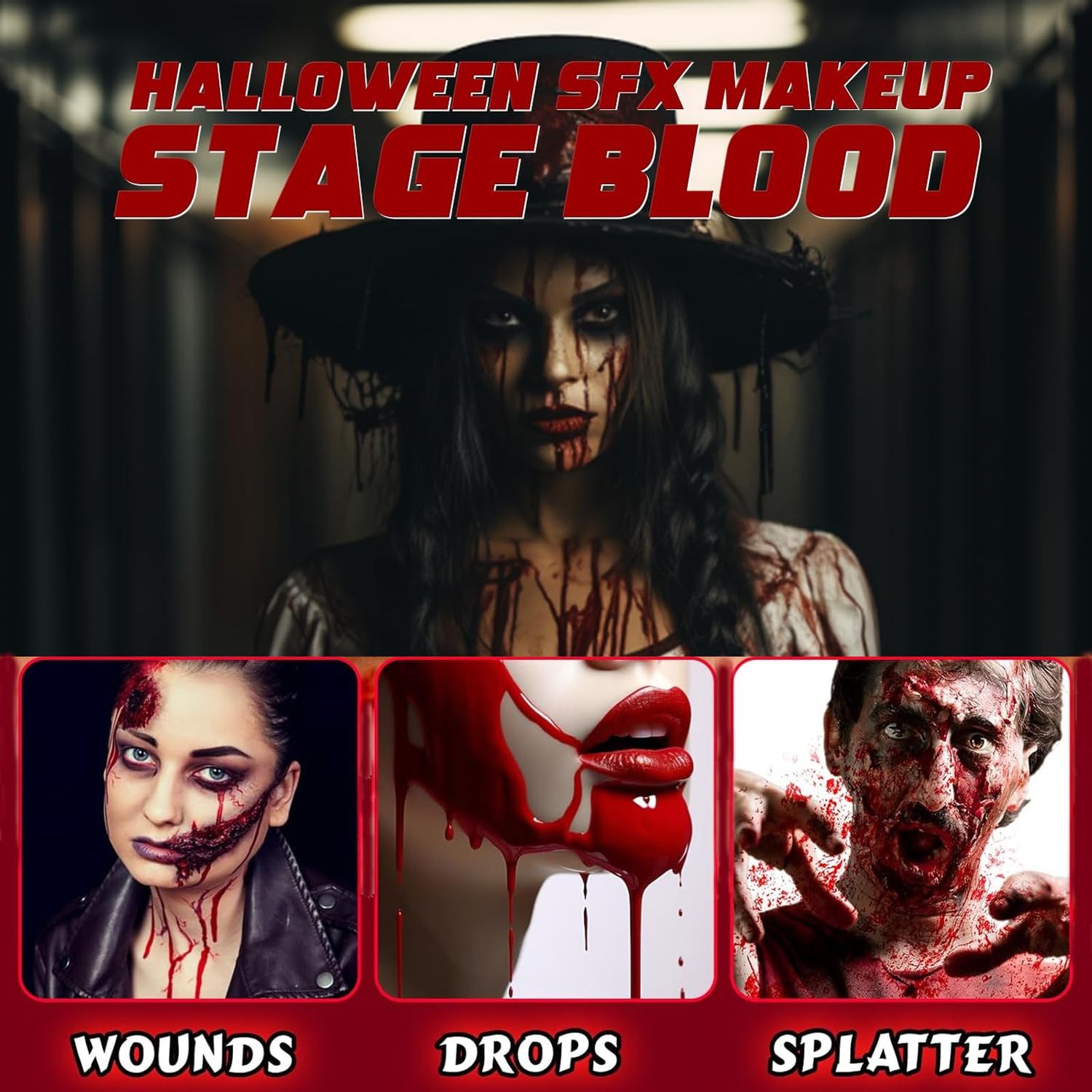 2PCS Halloween Fake Blood Makeup Kit, 3.52oz (100ml) Fresh Red + Dark Red Realistic Effect Washable, Vampire Makeup for Halloween Costume,Theater, Cosplay, Zombie, Special Effects, SFX Makeup