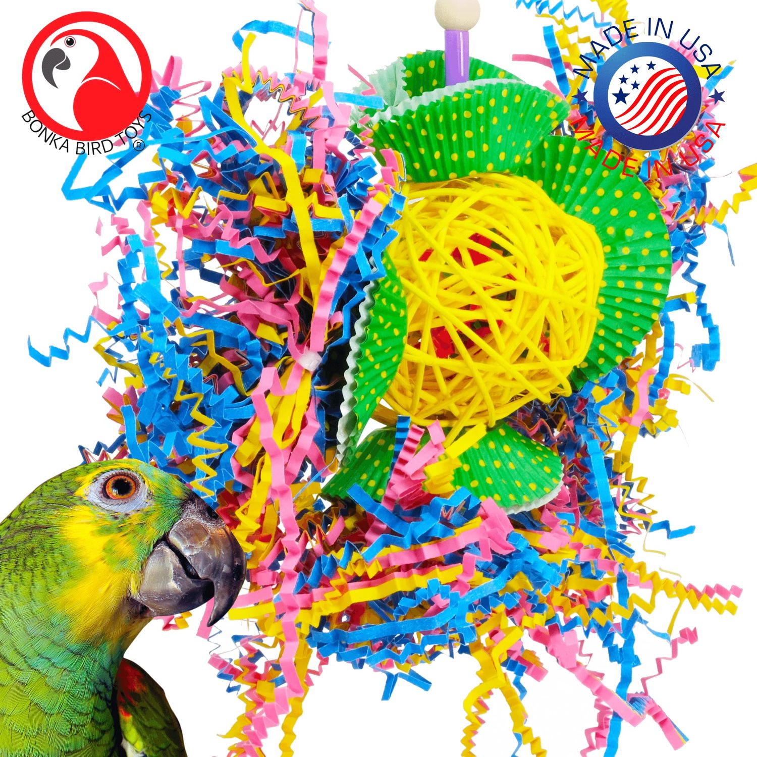 Bonka Bird Toys 3488 Cake Party Parrot Preening Foraging Plucker Natural Toy cage Cages Shredder Cockatiel Conure African Grey parakeet Made in the USA