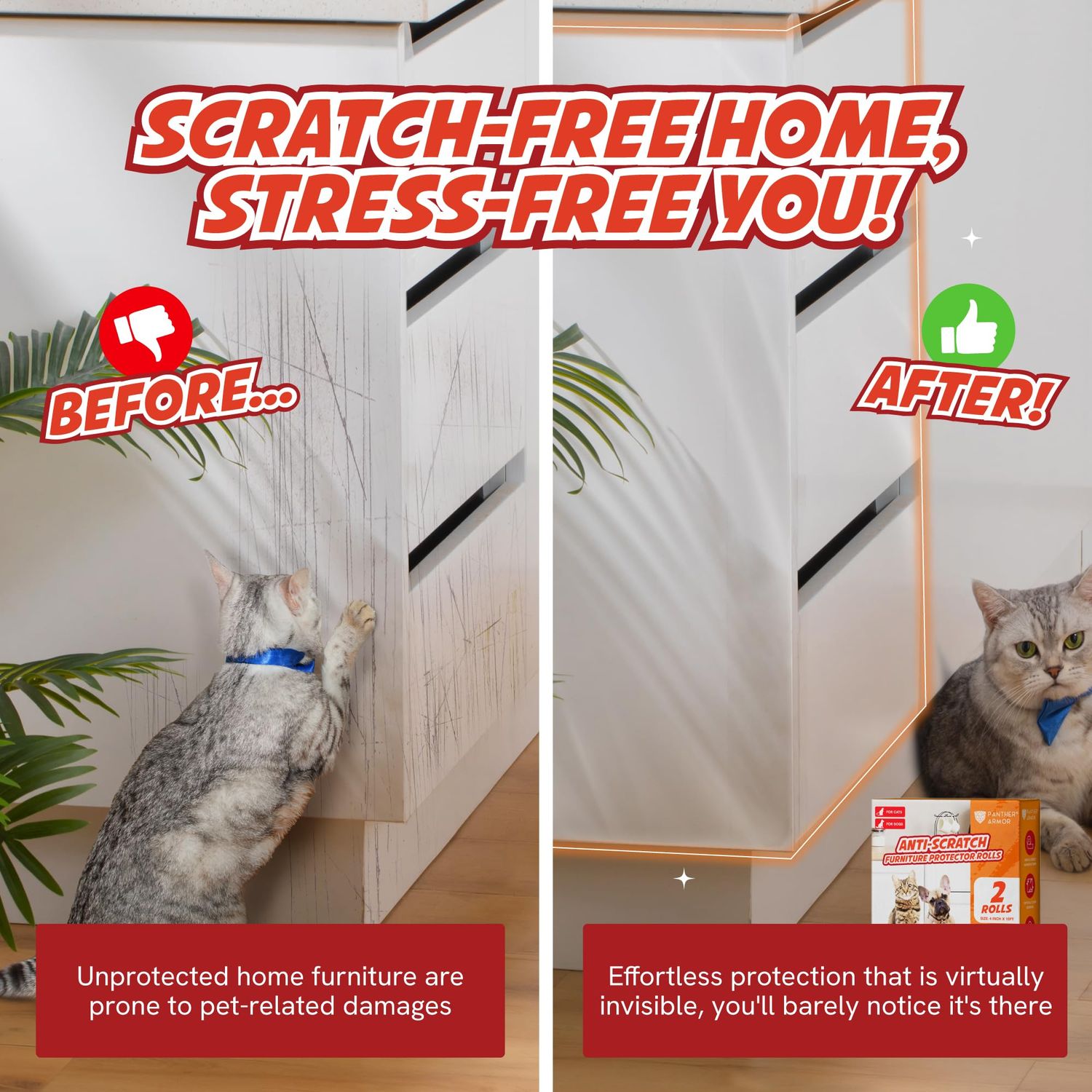 Panther Armor Anti Scratch Furniture Protector, 2X Rolls, Window Sill Protector, Furniture Scratch Guards for Cats, Furniture Protectors from Cats Scratching, 4in x 20ft
