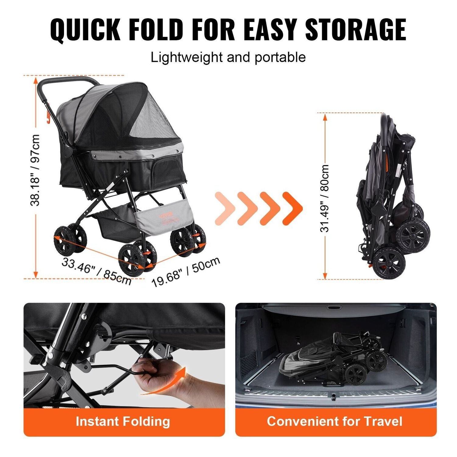 4-Wheel Pet Stroller 44lb Capacity Reversible Handle Storage Basket Travel Brake