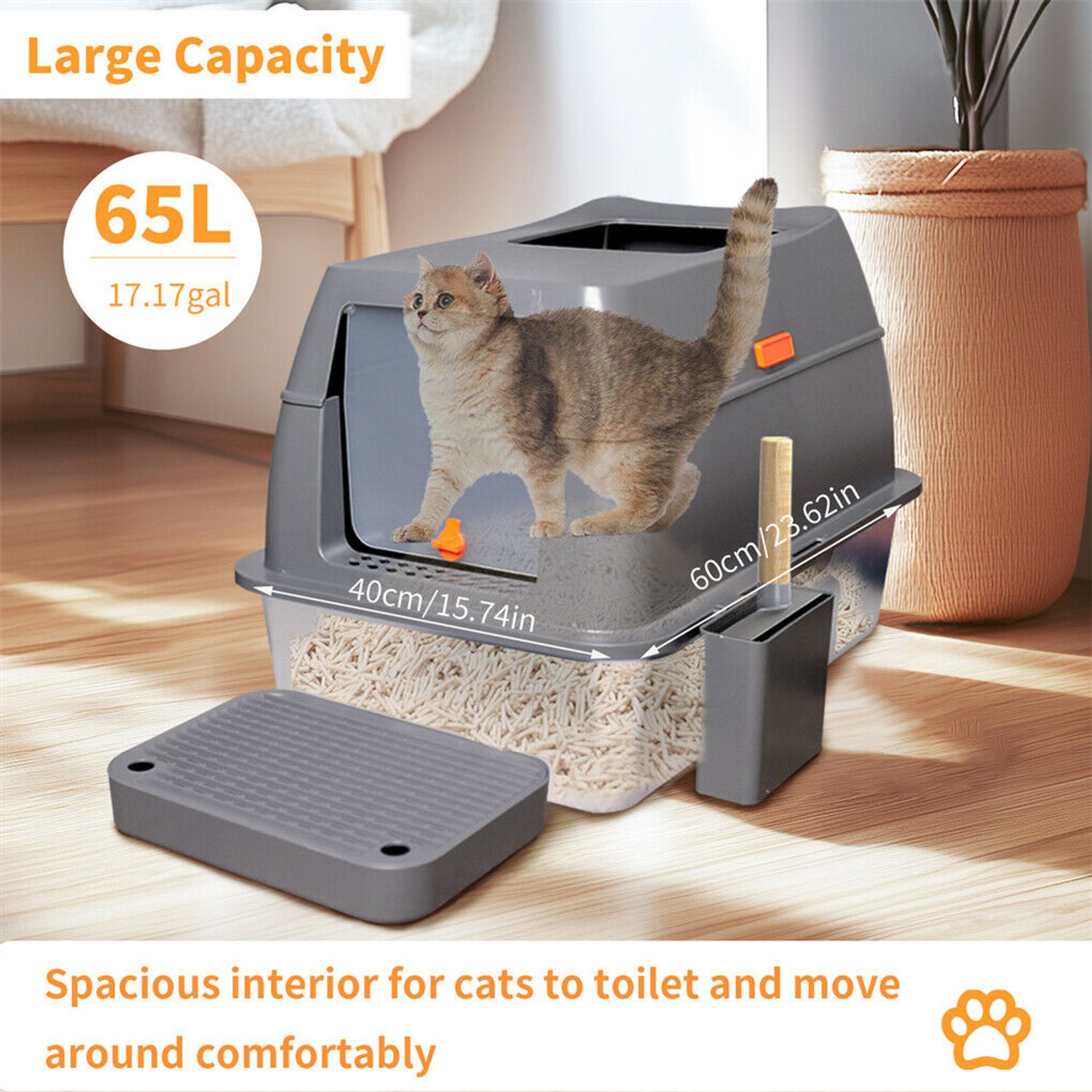 Large Enclosed Cat Litter Pan Easy Cleaning Stainless Steel Cat Toilet Box w Lid