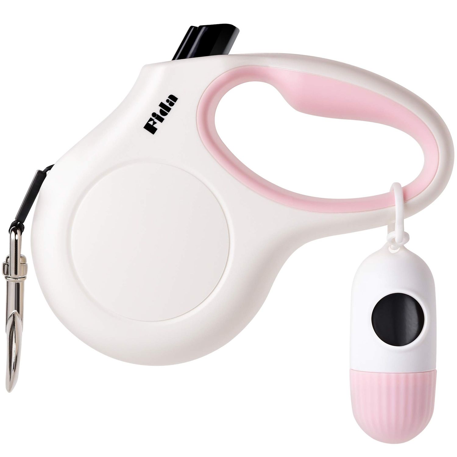 Fida Retractable Dog Leash with Dispenser and Poop Bags, 16 ft Pet Walking Leash for Medium Dog or Cat up to 44 lbs, Anti-Slip Handle, Tangle Free, Reflective Nylon Tape (M, White)