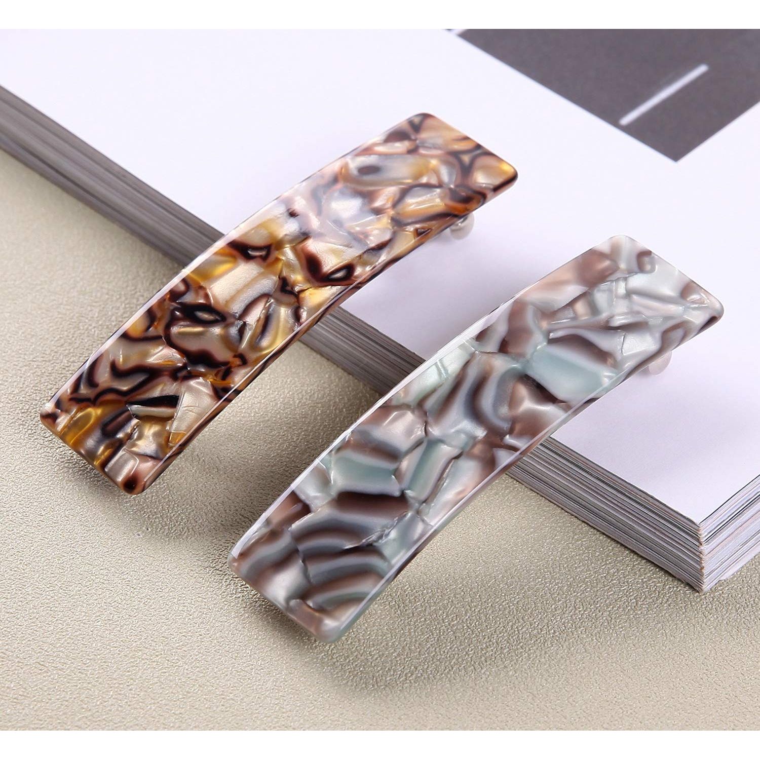 2PCS Hair Barrettes Tortoise Shell French Design Celluloid Rectangle Hair Clips for Women