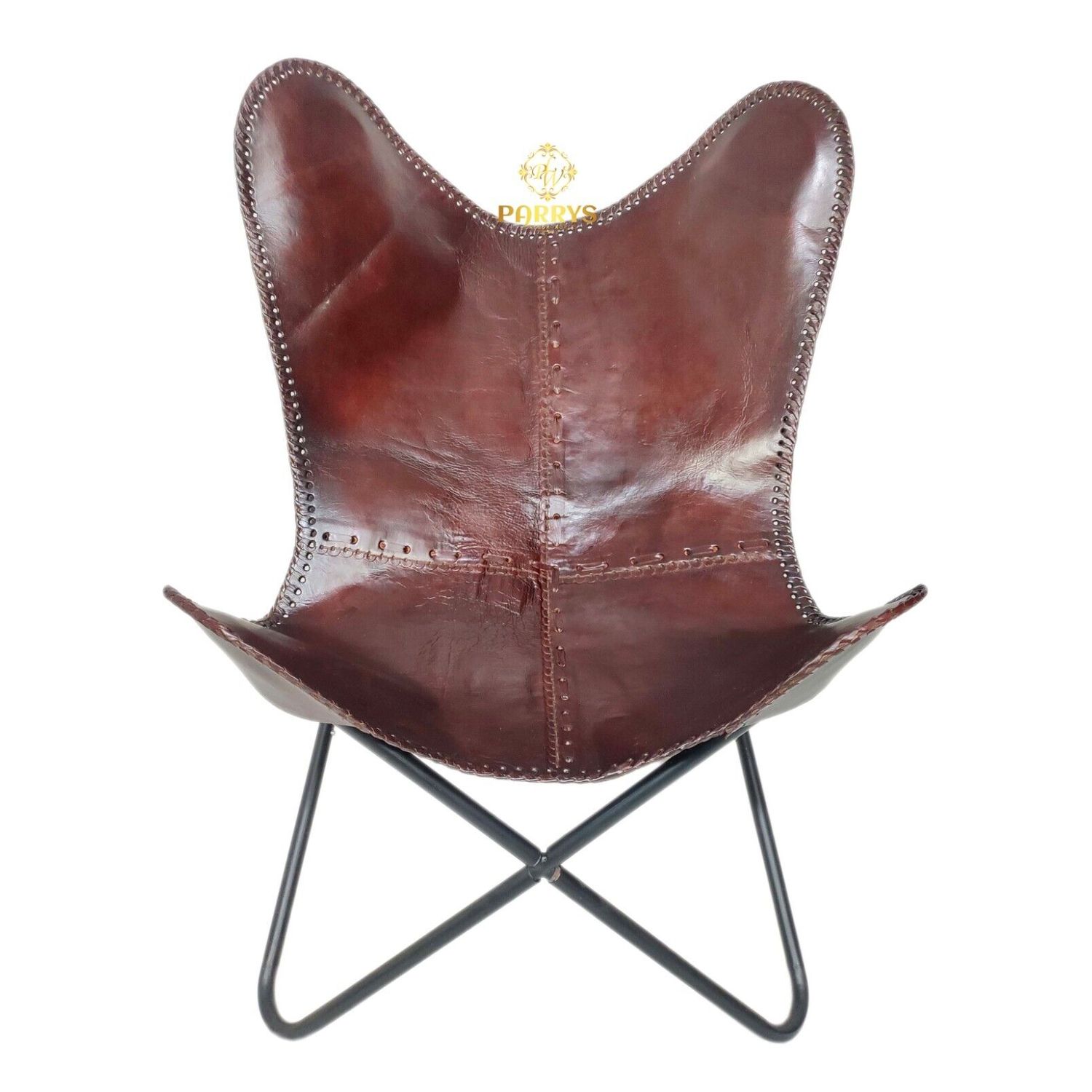 Brown Buffalo Leather Butterfly Chair With Ottoman Footstool Relaxing Chair