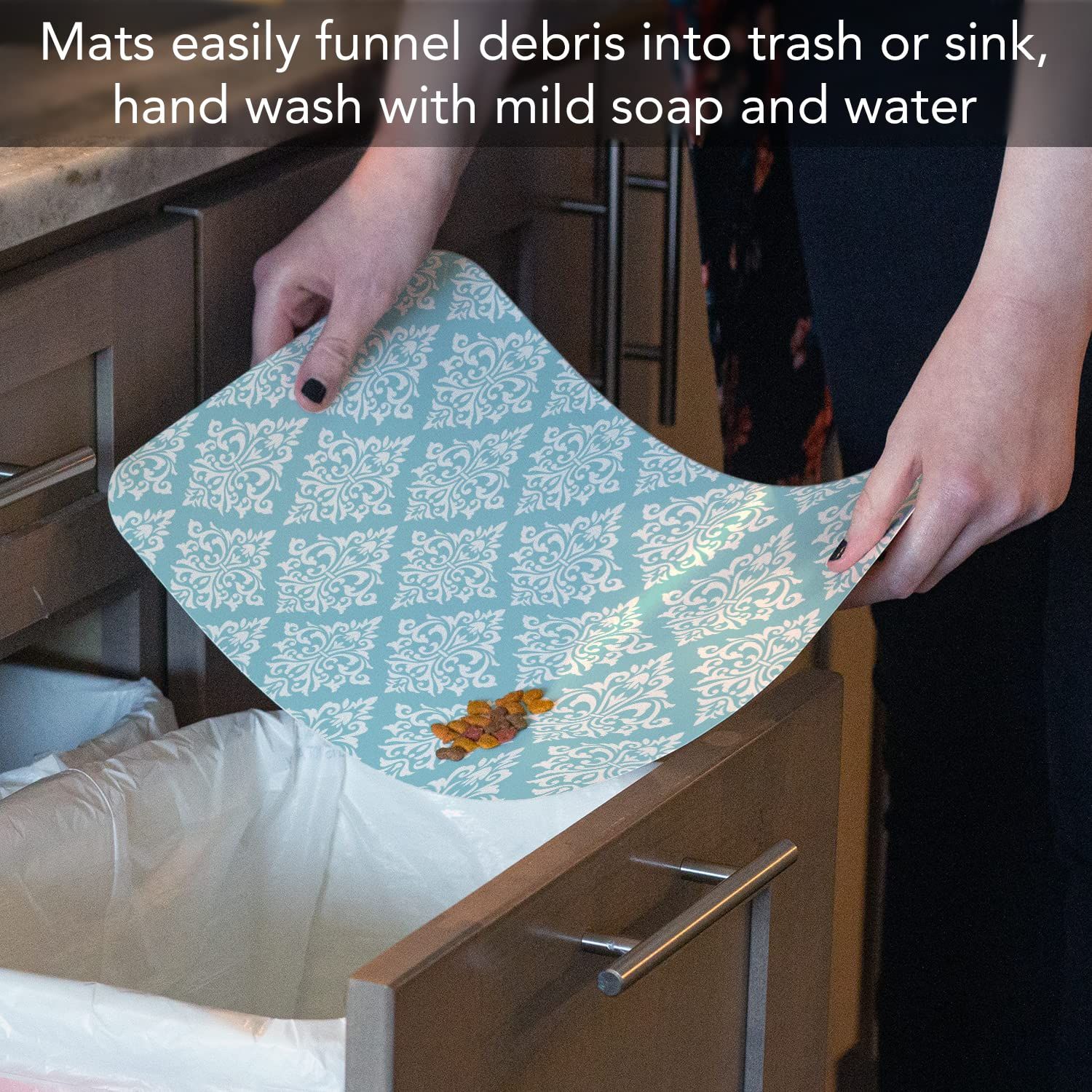 CounterArt Damask Easy Care Waterproof Pet Placemat 17.13” x 11.25” Made in The USA of BPA Free Plastic, Safe for Pets, Protects Floors from Cat & Dog Bowls
