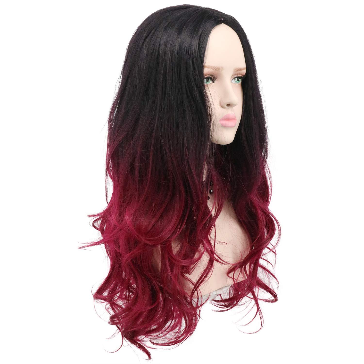 yuehong Long Wavy Two Tone Ombre Black Dark Red Wig Halloween Cosplay Costume Wigs