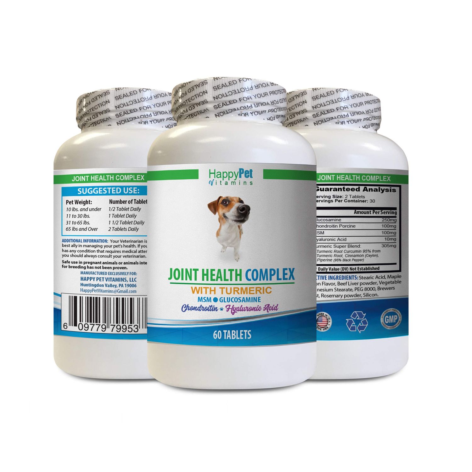 HAPPY PET VITAMINS LLC Dog Joint Supplement tumeric - Joint Health Complex with Turmeric for Dogs - with MSM and Turmeric - Hip Support - chondroitin Dog Treats - 1 Bottle (60 Tablets)