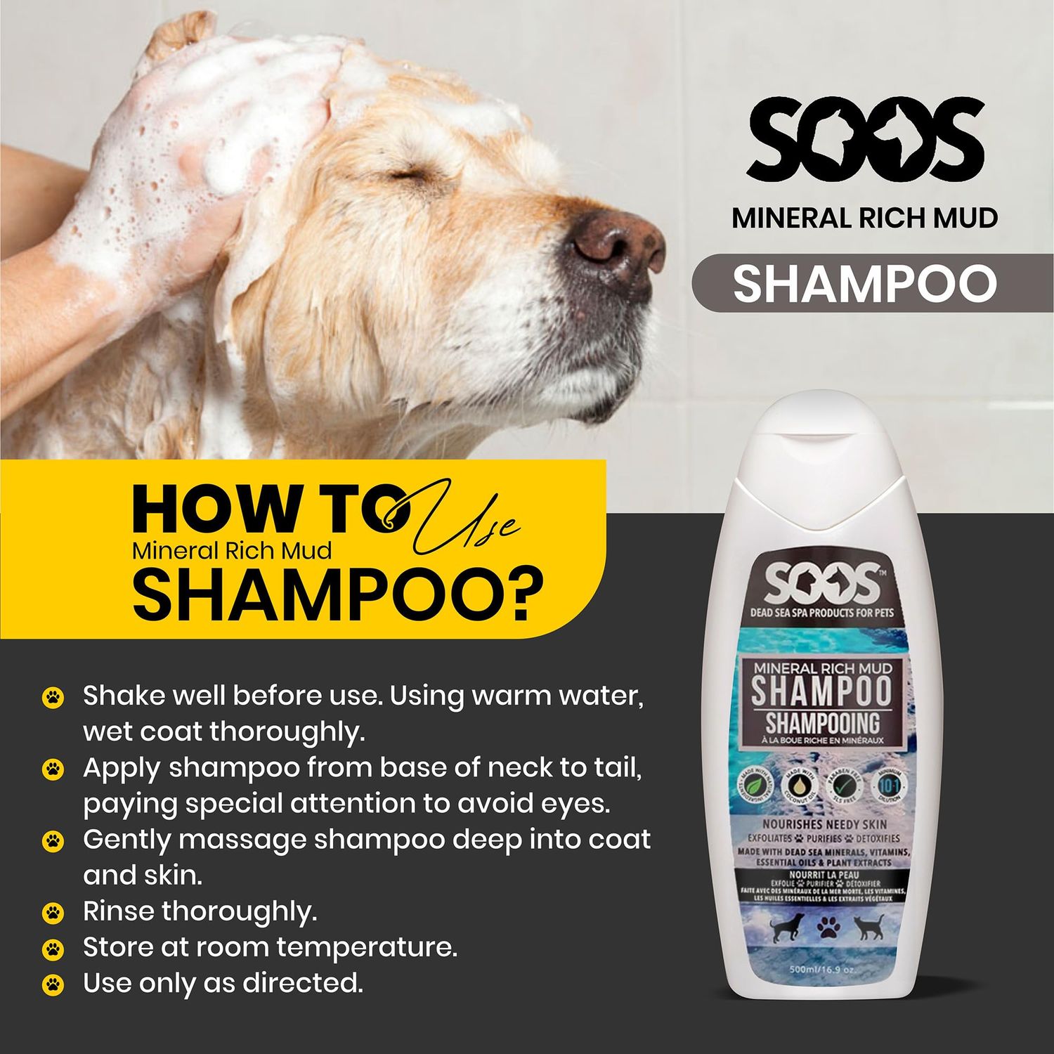 Soos Pet Dog Shampoo for Cats and Pets Mineral Rich Mud Natural Dead Sea Cruelty Free Fast Absorbing Skin Cooling First Aid Antib-acterial and Antif-ungal Odor Remover - 1x Pet Shampoo (500ml)