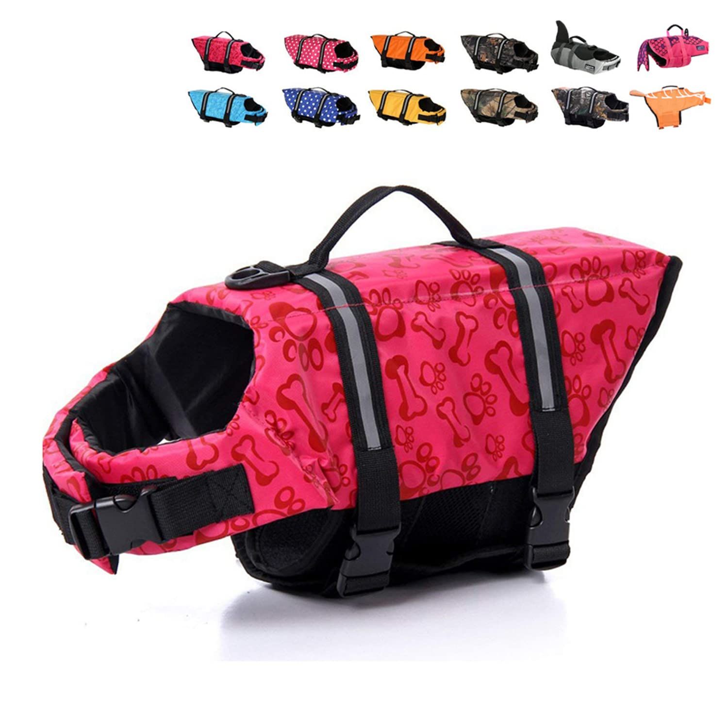 HAOCOO Dog Life Jacket Vest Saver Safety Swimsuit Preserver with Reflective Stripes/Adjustable Belt Dogs?Pink Bone,M