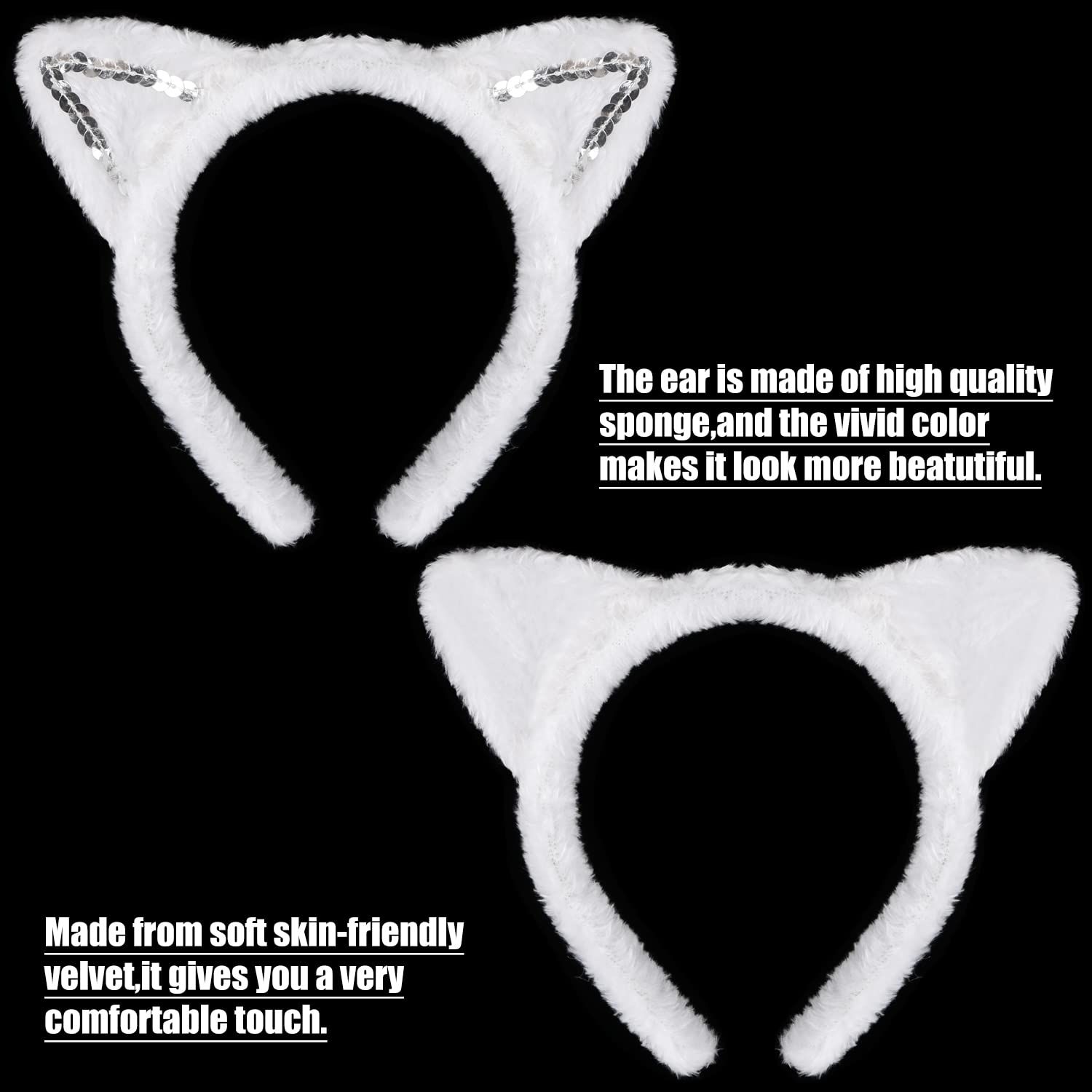 3 Pieces White Cat Costume Set Cat Glitter Ears Headband Tail and Bow Tie Animal Fancy Dress Cat Costume Kit Party Accessories for Halloween,Birthday,Christmas,Cosplay Dress Up Party Decorations