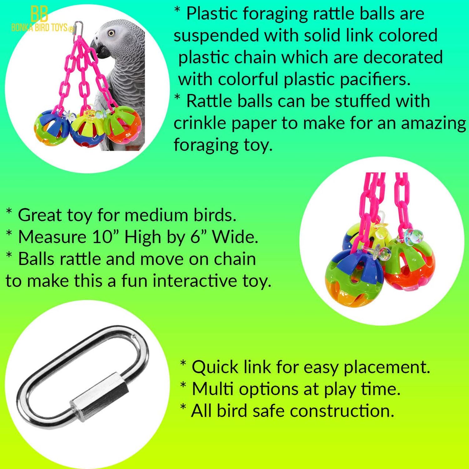 Bonka Bird Toys 1273 Tri-Chain Ball 10" High by 6" Wide Medium Parrot Plastic Cage Toy, African Grey, Pionus, Ringneck, and Similar Sized Birds