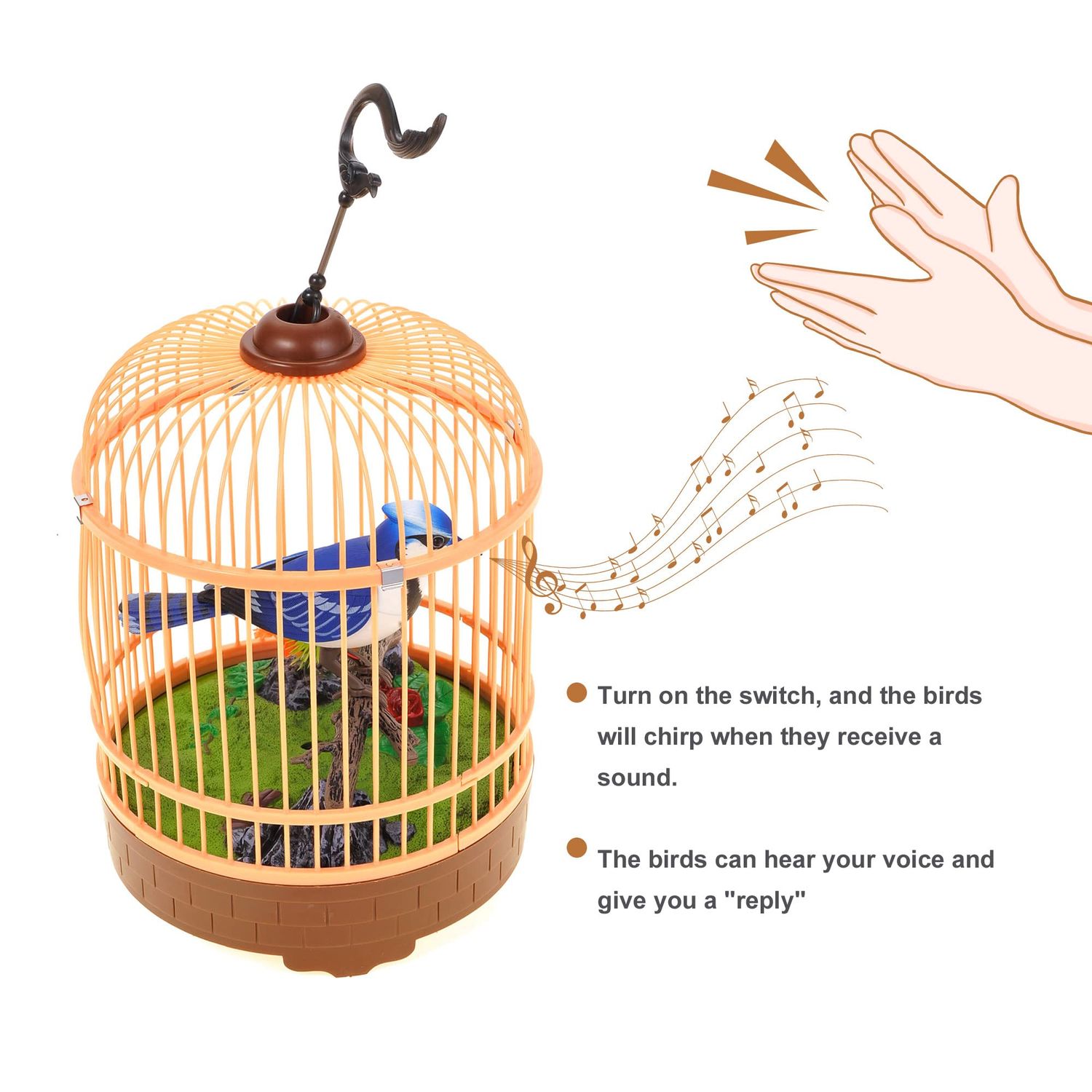 PowerTRC Singing & Chirping Bird in Cage, Realistic Sounds & Movements, Sound Activated, Battery Operated, Great Desk and Room Accessory, Pet Caged Bird Toy (10” x 7”)