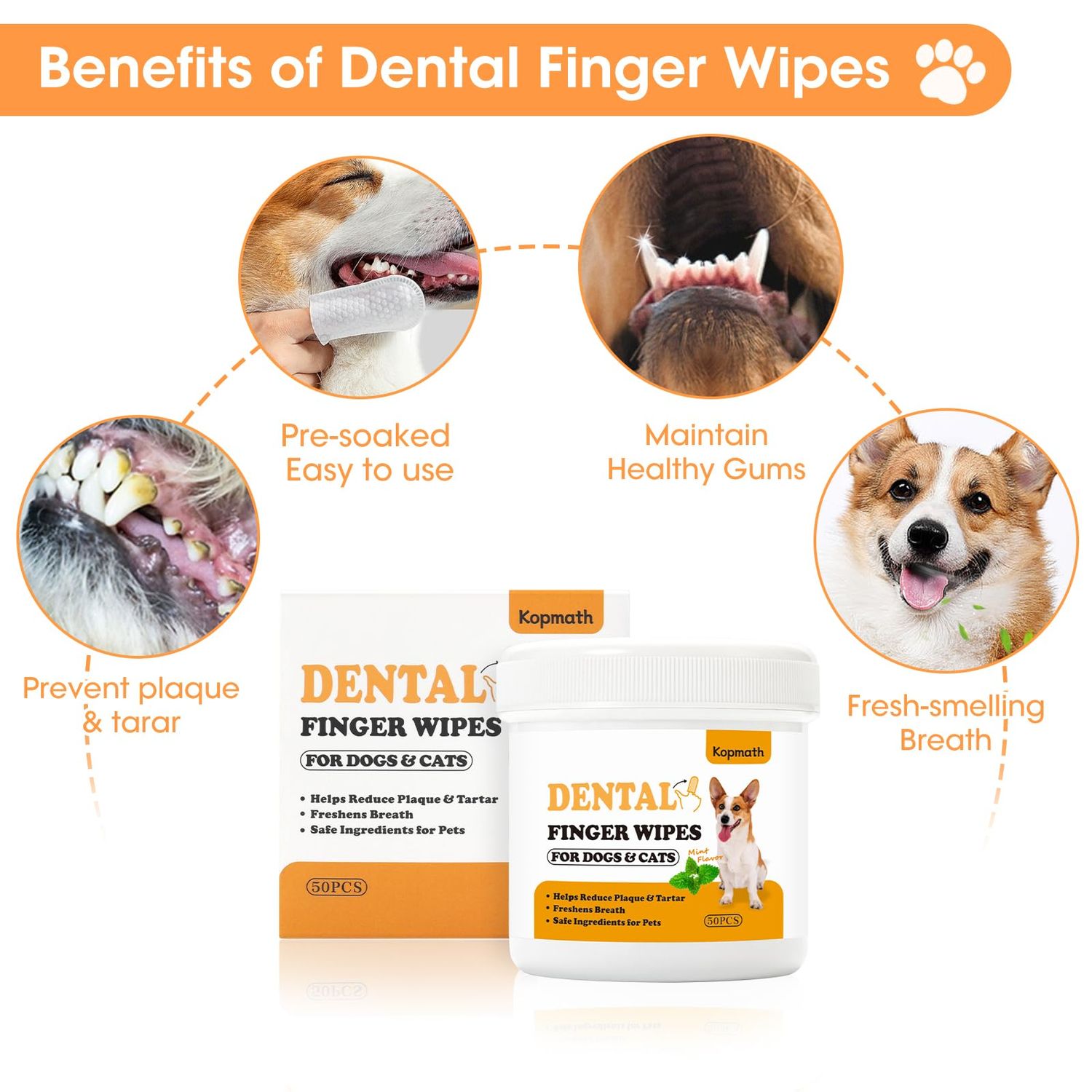 Kopmath Dental Care Finger Wipes for Dogs & Cats, Reduces Plaque & Tartar, Freshens Breath, Pre-Soaked Pet Teeth Wipes, Easy to Use Disposable Oral Cleaning Pads,Mint Flavor,100pcs