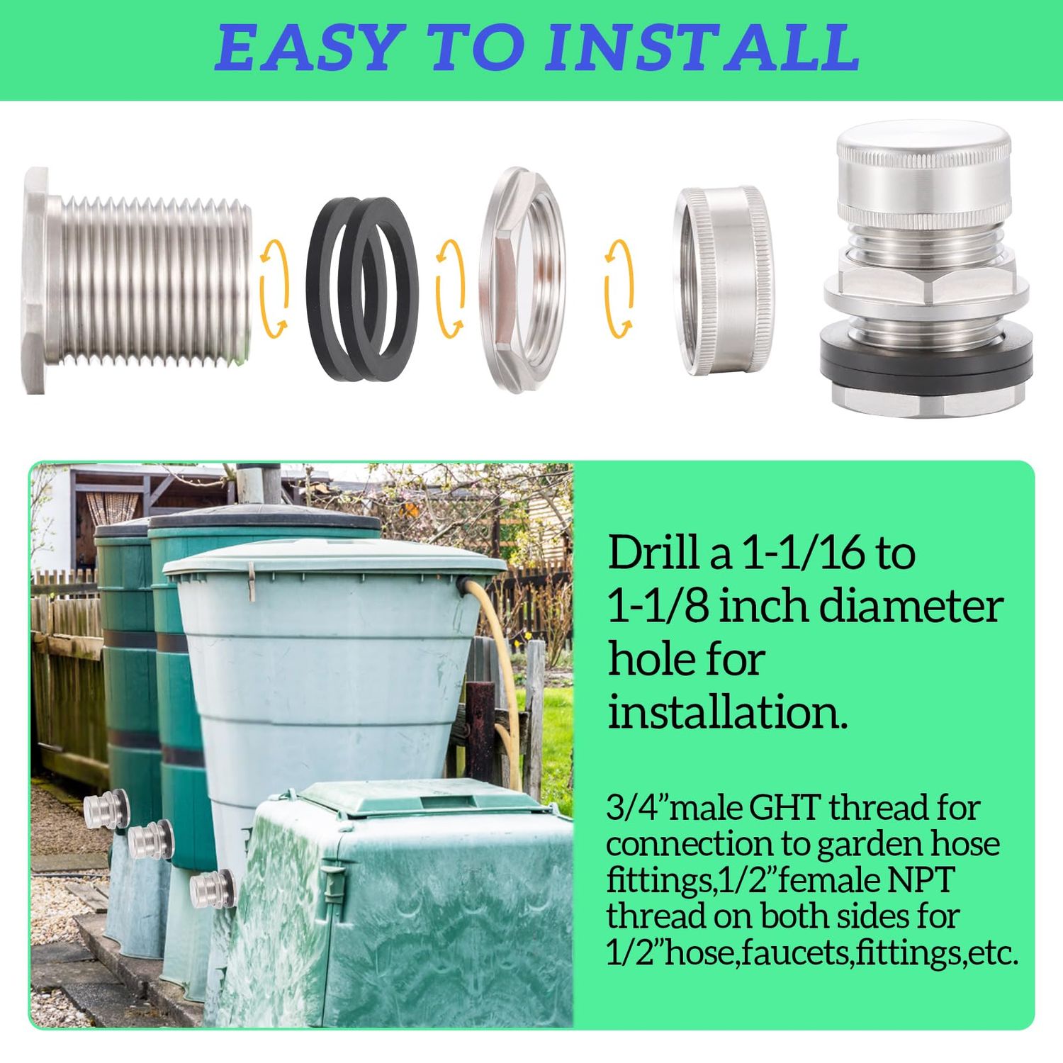 SNUTUYA Bulkhead Fitting With Plugs（304 Stainless steel），lead-free, 1/2" Female NPT, 3/4" Male GHT (garden Hose Thread), for Rain Barrels, Aquariums, Water Tanks, Tubs, Pools, Spigot, Sinks，2 Pack…