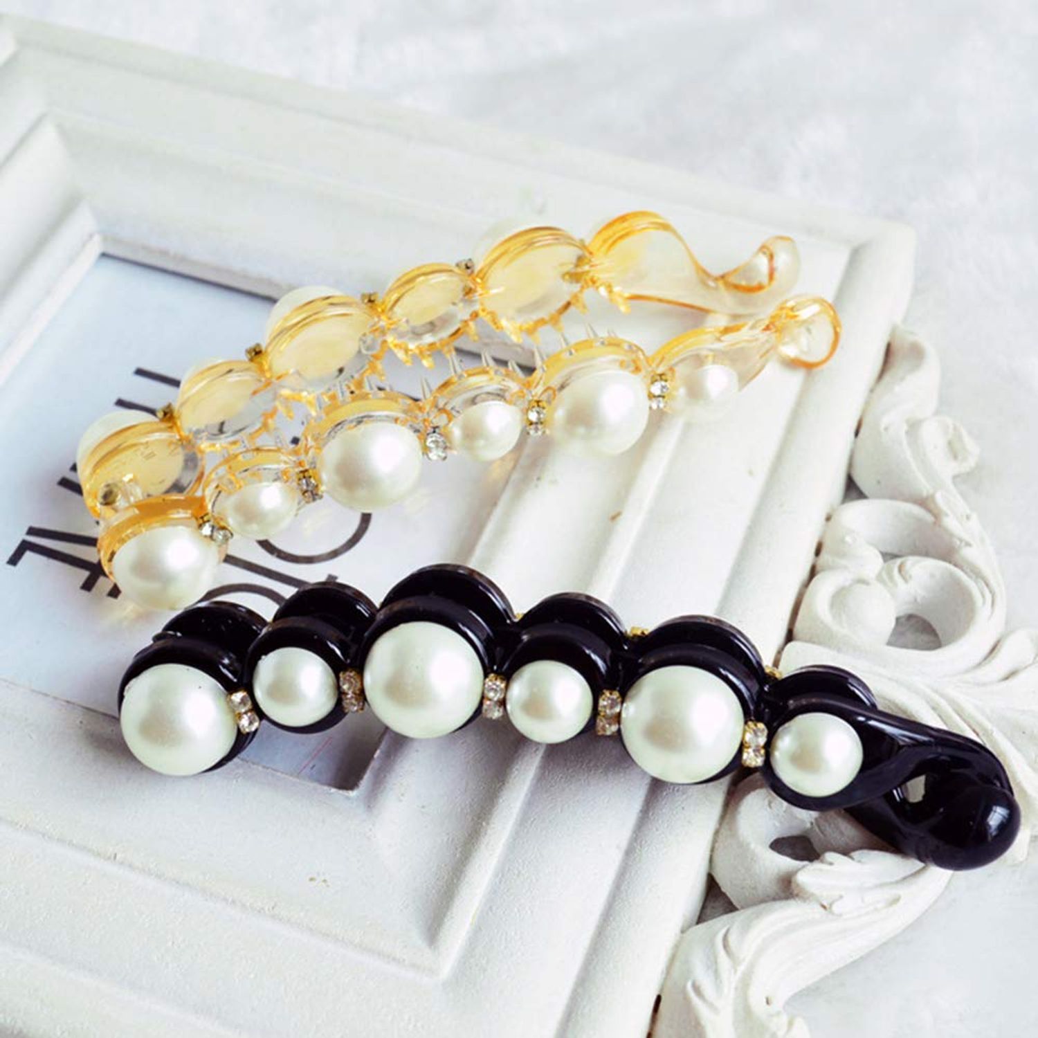 Ruihfas Fashion 2 Pcs Artificial Pearls Rhinestone Banana Clips Ponytail Holders Hair Clips