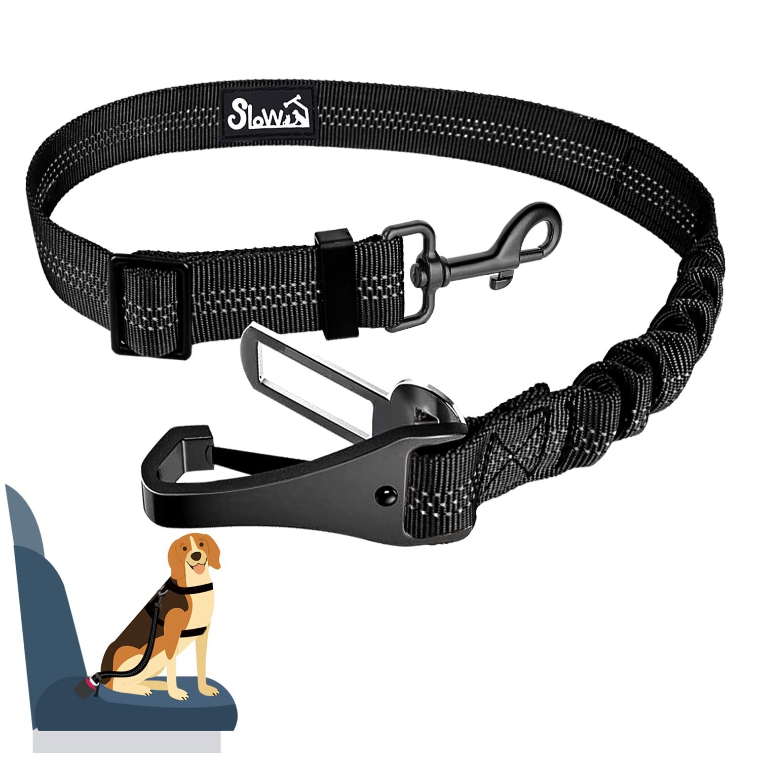 SlowTon Dog Seat Belt, Adjustable Dog Safety Belt Leash, 2 in 1 Latch Bar Attachment Dog Car Seatbelt with Elastic Nylon Bungee Buffer, Reflective Nylon Belt Tether Connect to Dog Harness(BL,35.5in)