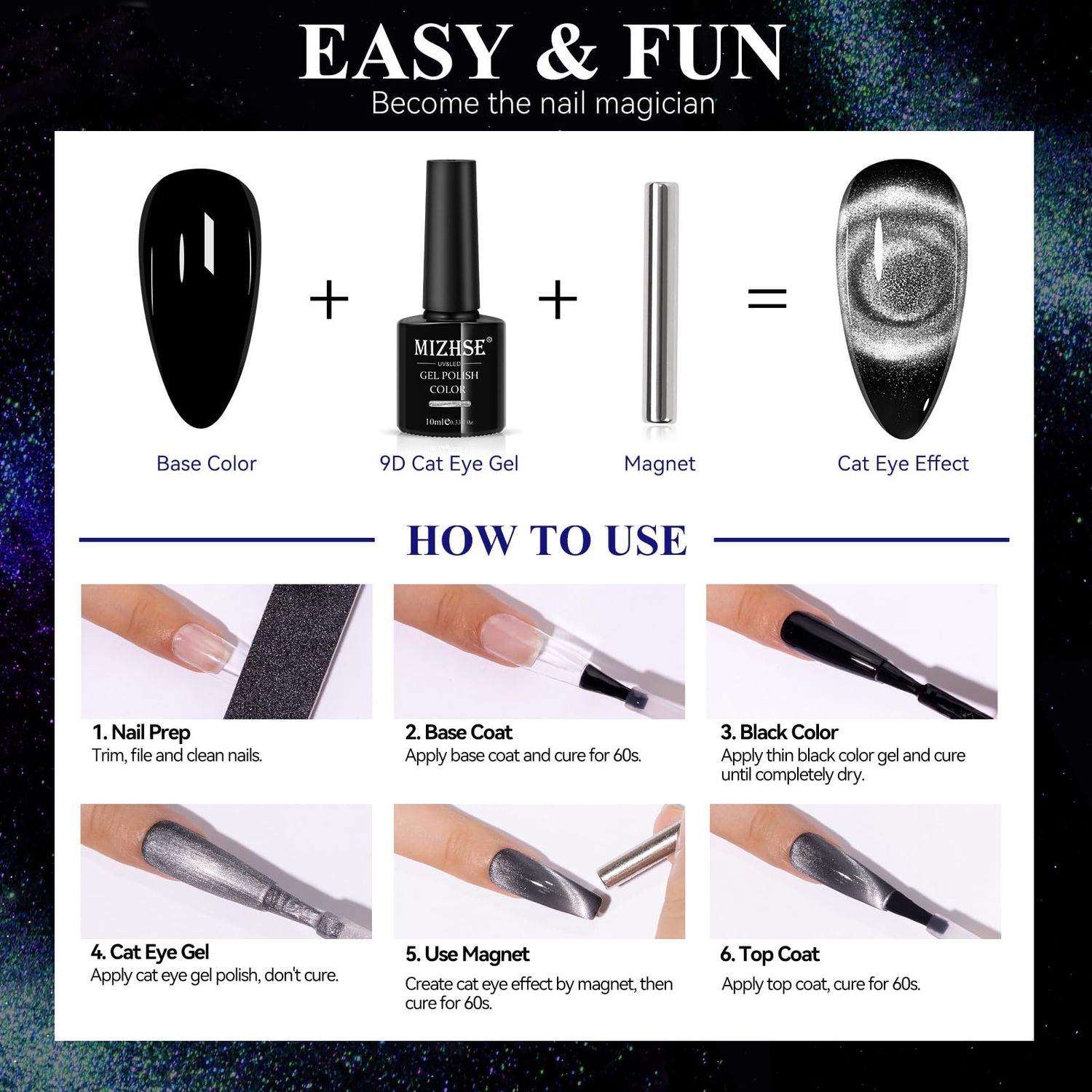 MIZHSE 9D Cat Eye Gel Nail Polish, Silver Magnetic Gel Polish with Magnet Stick, Magic Shimmer Galaxy Effect Holographic Glitter Silky Cat Eye Nail Polish Soak Off Nail Art Salon Manicure DIY at Home