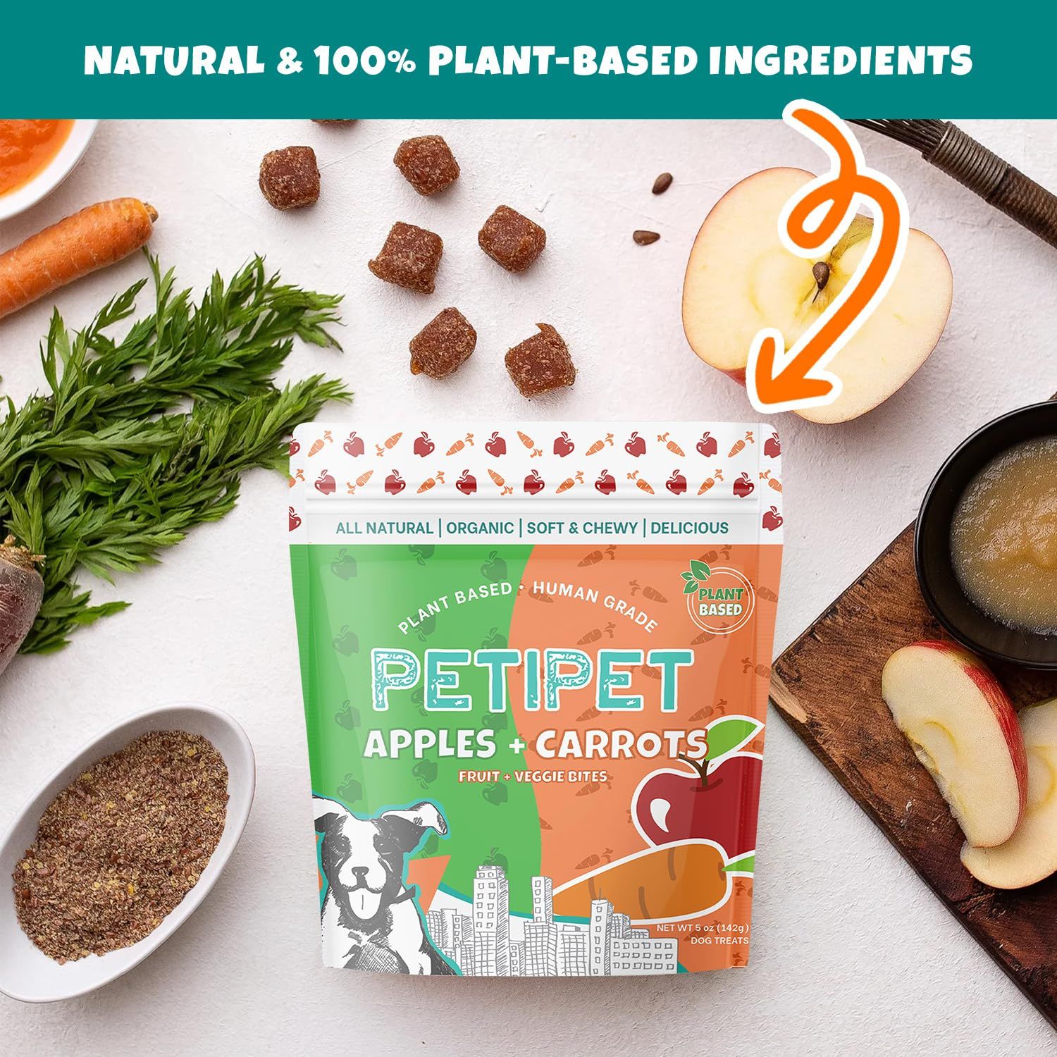 PETIPET Apples+Carrots Plant-Based Fruit Dog Treats - Carrot and Apple Soft & Chewy Treats - Healthy Vegetarian, Vegan Dog Treats with Organic Ingredients - Low-Protein, Hypoallergenic, Gluten-Free