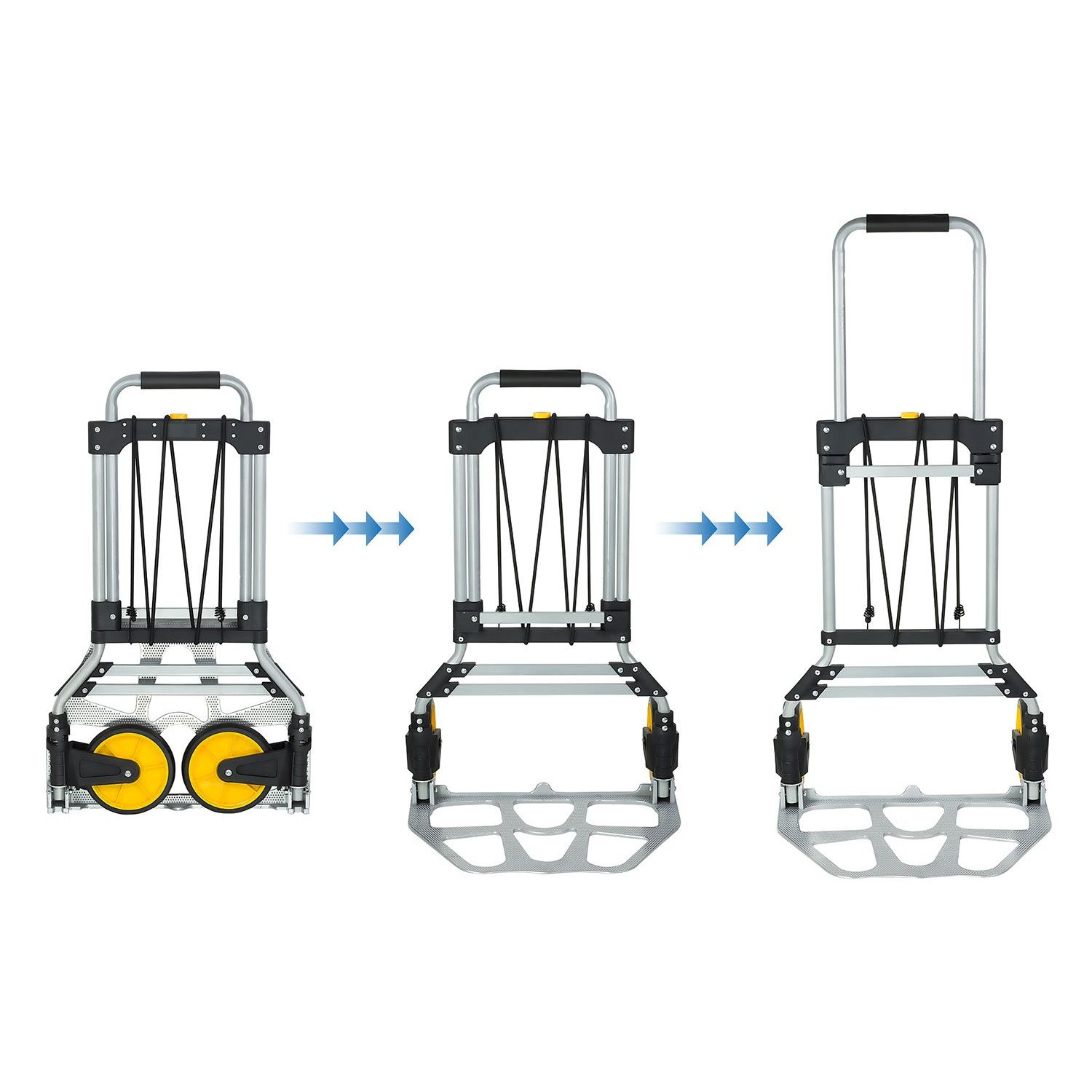 Mount-It! Folding Hand Truck and Dolly, 264 Lb Capacity Heavy-Duty Luggage Trolley Cart With Telescoping Handle and Rubber Wheels, Silver, Black, Yellow,