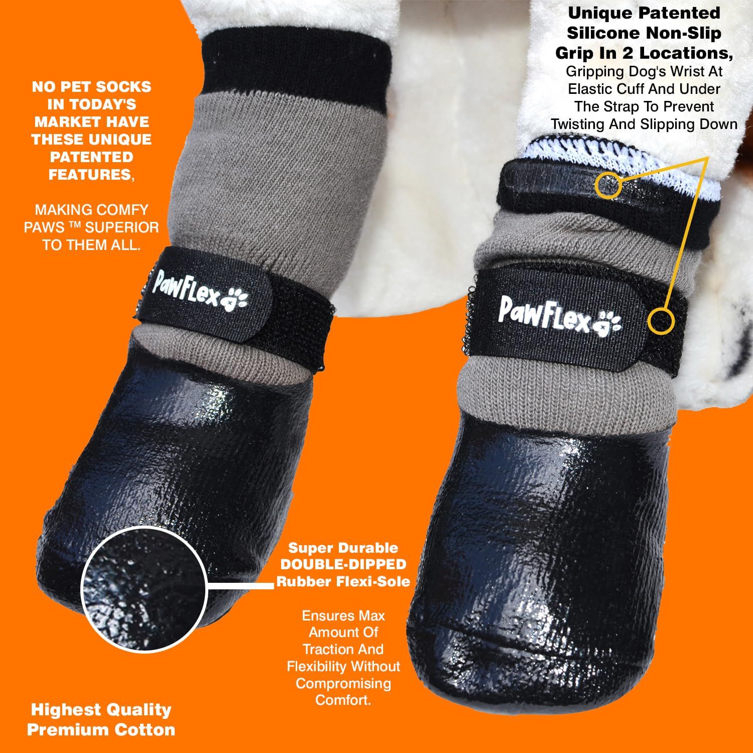 PawFlex Double Dipped Waterproof Dog Socks Comfy Pawz Soft Indoor/Outdoor Dog Booties with Rubberized Bottom| Non-Slip Silicone Grip at Inner Cuff for No Twisting or Sliding Off| Adjustable Strap