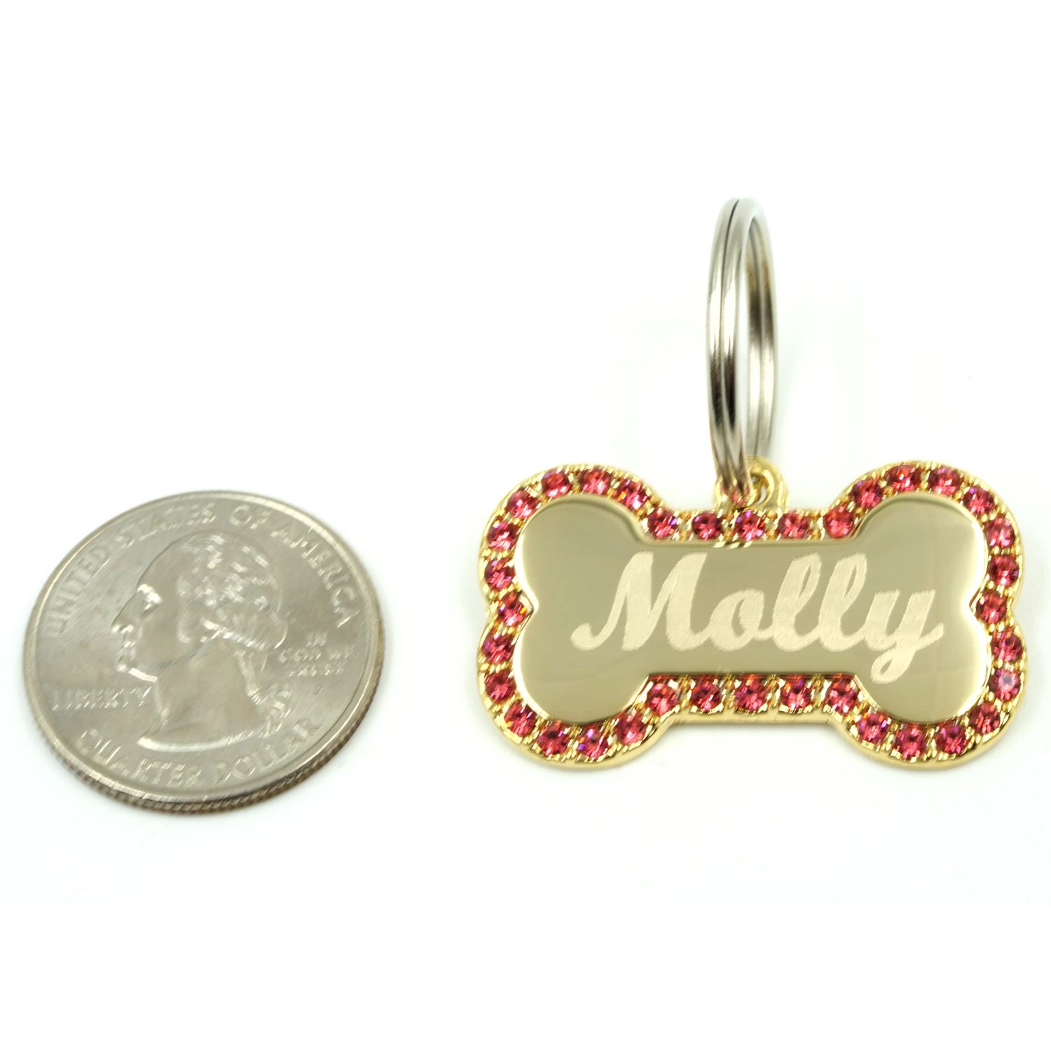 Custom Engraved Personalized Gold-Plated Bone Shape Pink Rhinestones Pet Jewelry Cat Dog ID Tag for Casual Use