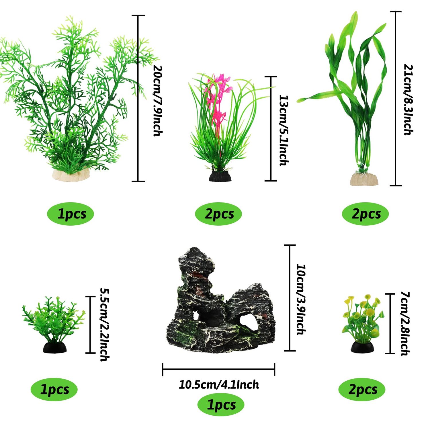 Fish Tank Accessories Aquarium Decorations Plants, 9pcs Green Fish Tank Decorations Plants and Cave Rock Decoration Decor Set, Aquarium Decor Plastic Plants