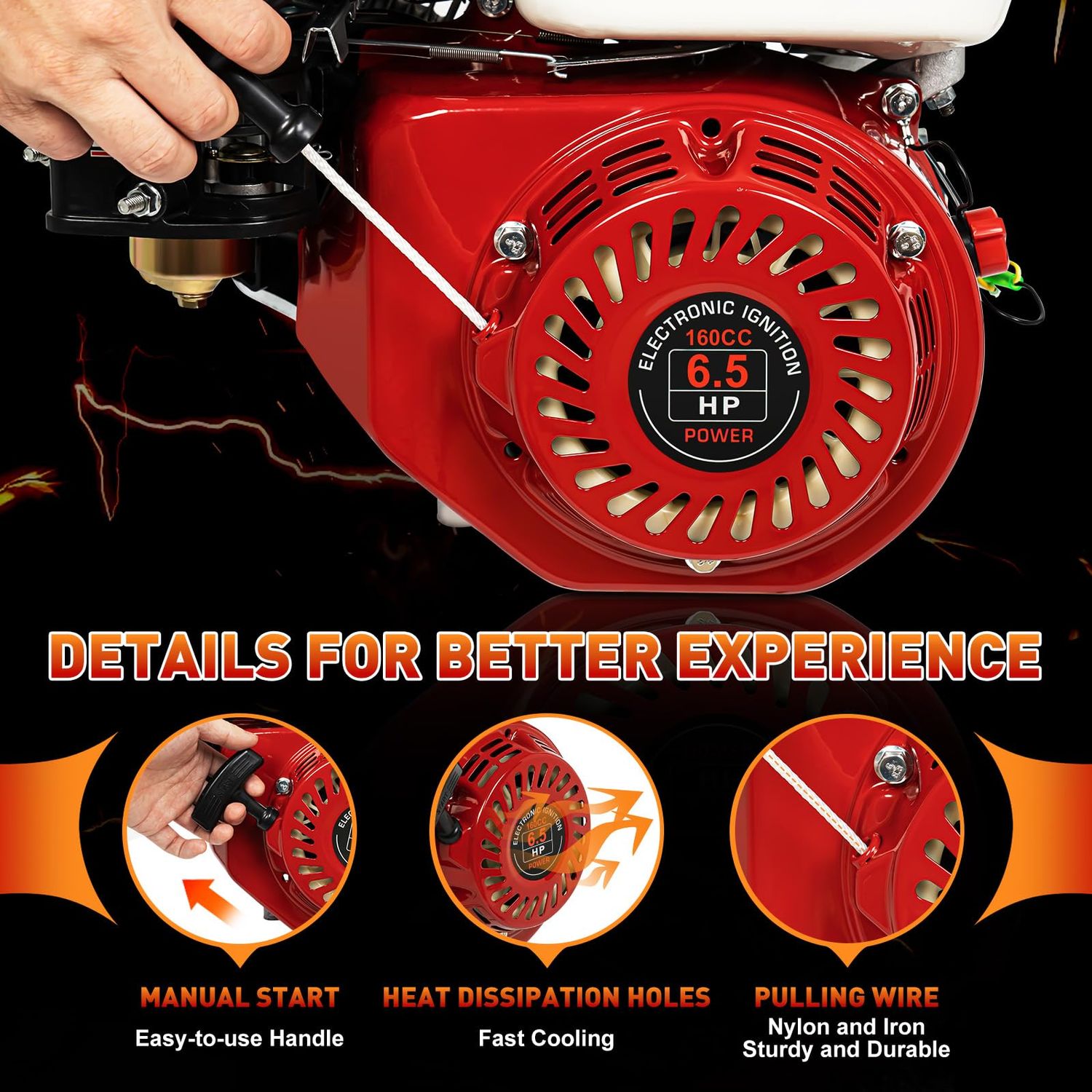 4 Stroke Pull Start Petrol Engine, 6.5HP/7.5HP Horizontal Air Cooled Single Cylinder General Gas Engine Replaces Compatible For Honda GX160 OHV (6.5HP 160CC)