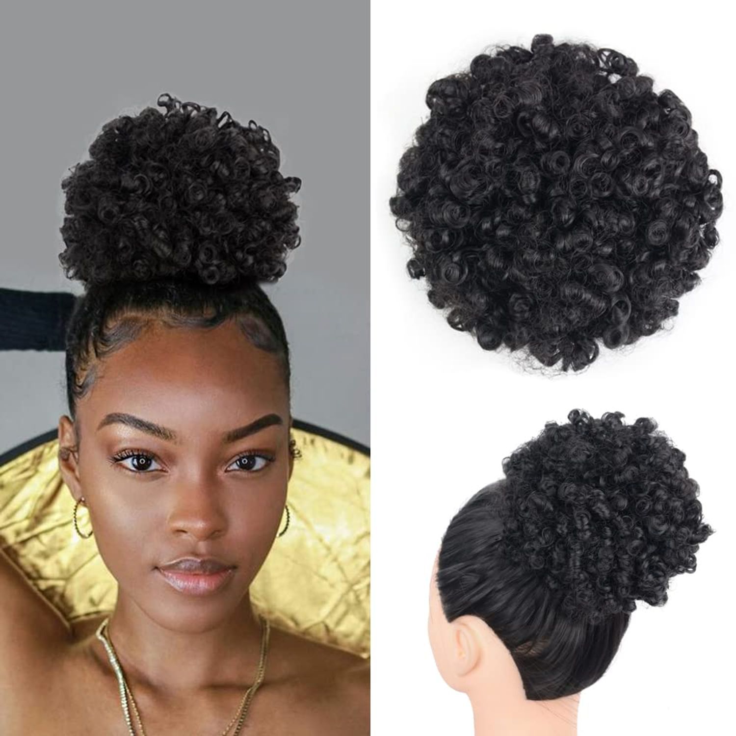 Yinmei Baibian Curly Wavy Afro Puff Drawstring Ponytail Hair Extension for Black Women Loose Wave Short Mini Afro Puff Hairpieces for Girls Kids(1B#)
