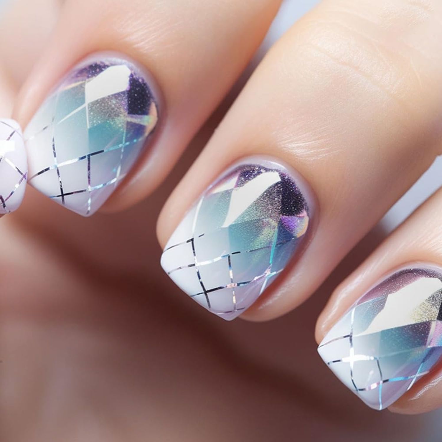 Short Fake Nails, Glue On Nails Short,Short Nails Press on, Press on Nails Short Square Acrylic False Nails with Purple Ombre Plaid Press ons Designs Artificial Nails Stick on Nails for Women 24Pcs