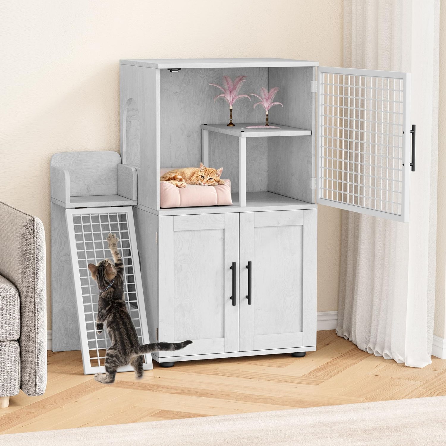Cat Litter Box Furniture ,Cat Litter Box Enclosure Indoor Cat House Ladder White