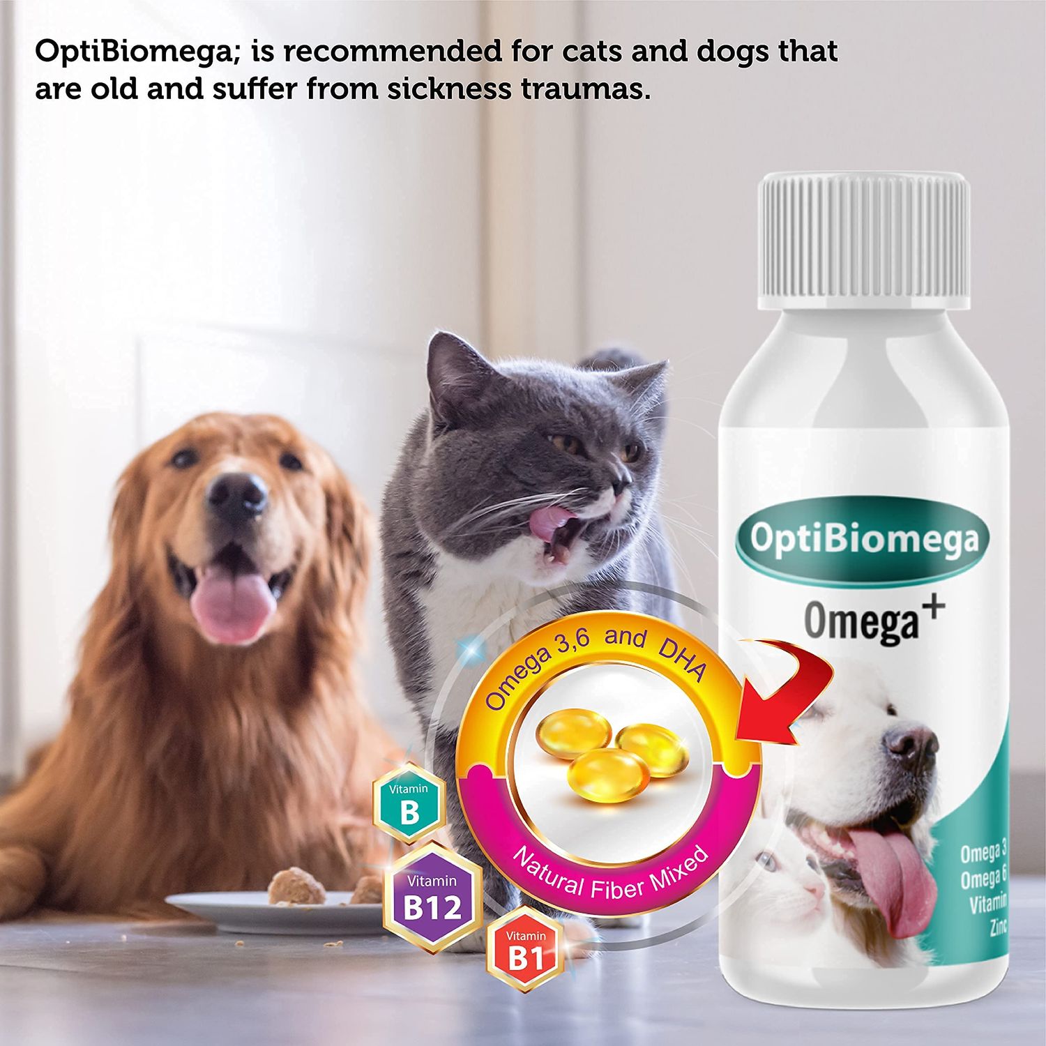 OptiBiomega Fish Oil for Dogs & Cats, Vitamins & Supplements Skin and Coat, Zinc, Omega 3 & Omega 6 Fatty Acids Support Immune Supplement, 3.38 fl oz