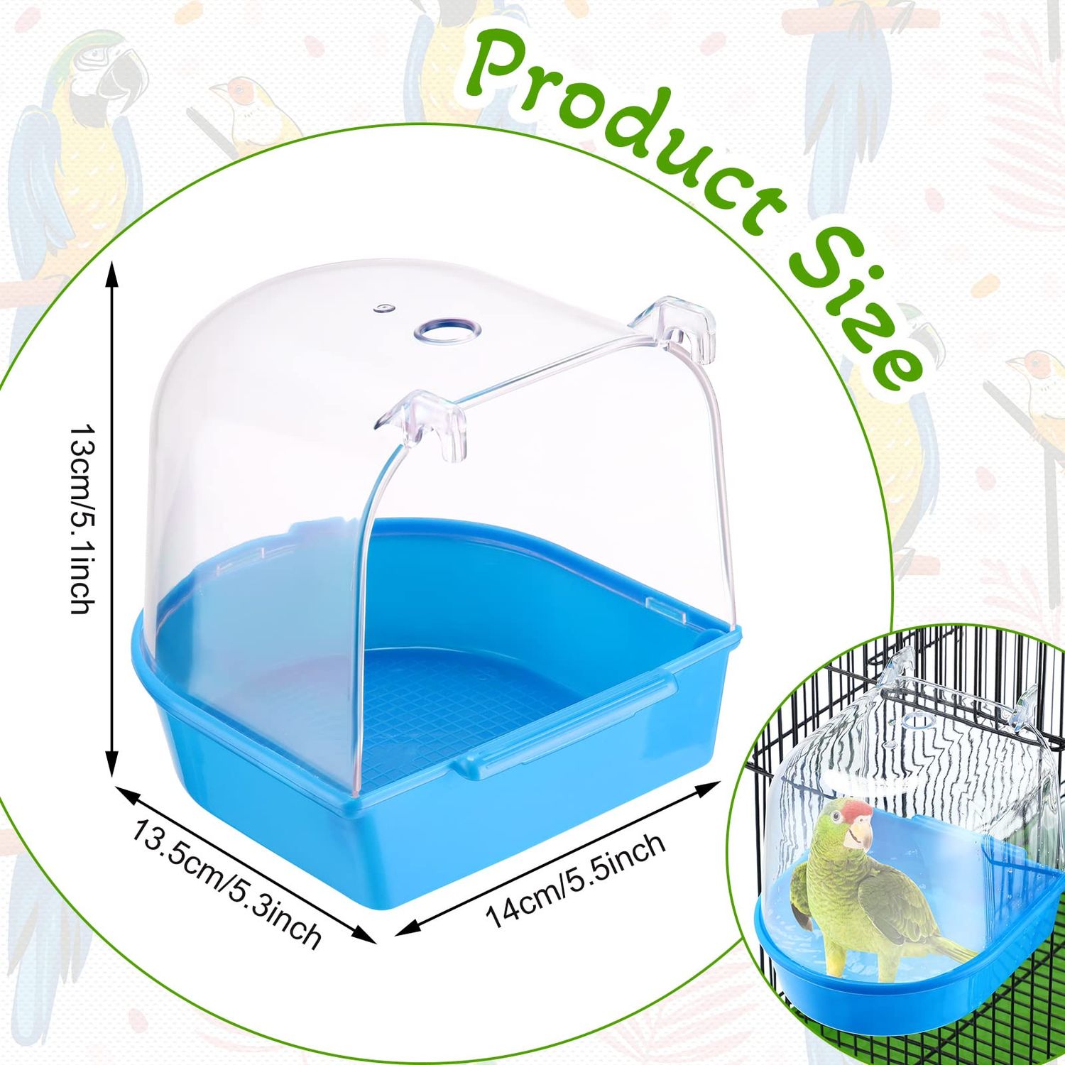 3 Pieces Clear Bird Bath for Cage Parakeet Bird Cage Accessories Hanging Bath Box Parrot Bathing Tub with Clear View for Cockatiel Conure Canary Budgies Parrots Blue Green White