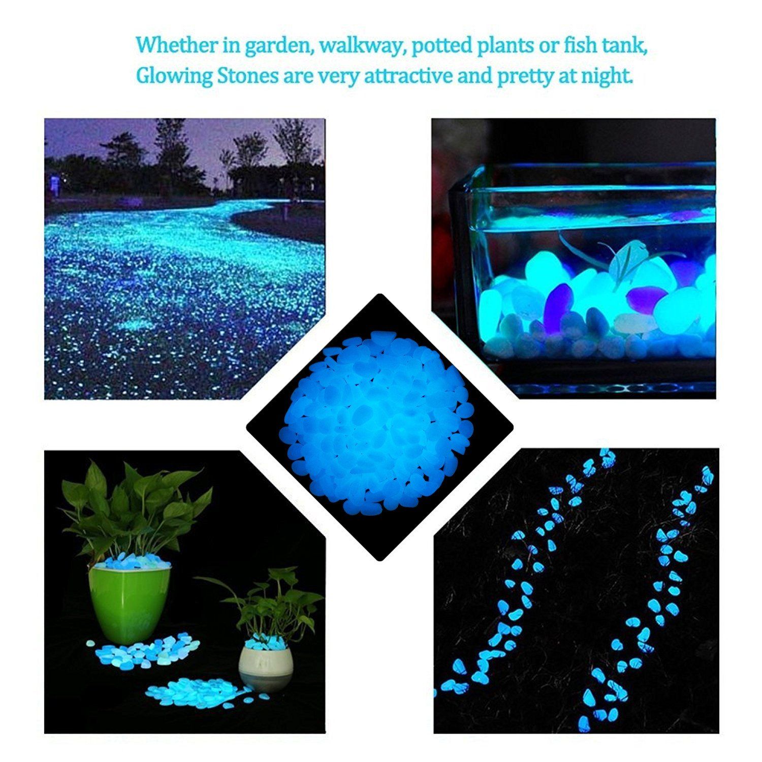 chic style 340pcs Glow in The Dark Garden Pebbles, Gardening Luminous Glow Stones Outdoor Decor Glowing Water Fish Tank Gravel (Blue)