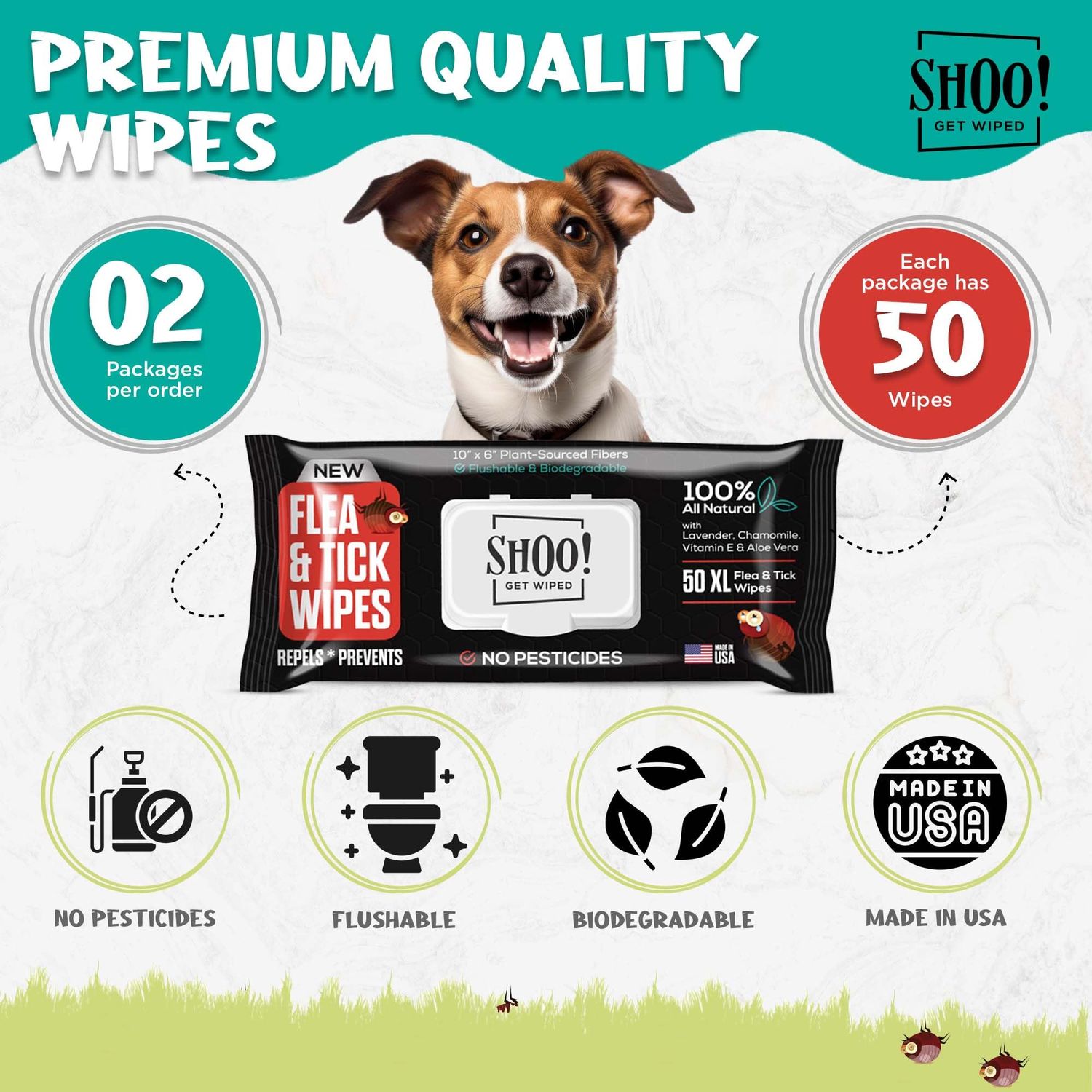 Shoo! Flea & Tick Wipes | Convenient, Easy On-The-Go Protection | Plant Based, Natural Oils, Chemical Free | Repels & Prevents | 50 XL Wipes (2 Pack) | Original -Lavender