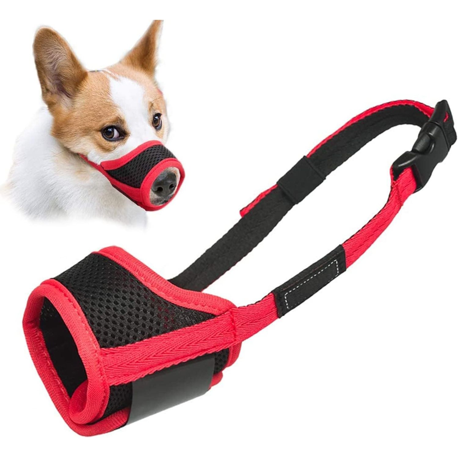 LUCKYPAW Dog Muzzle Anti Biting Fierce Barking and Chewing with Comfortable Mesh Soft Fabric and Adjustable Strap, Suitable for Small, Medium and Large Dogs(Red Trim,XS)