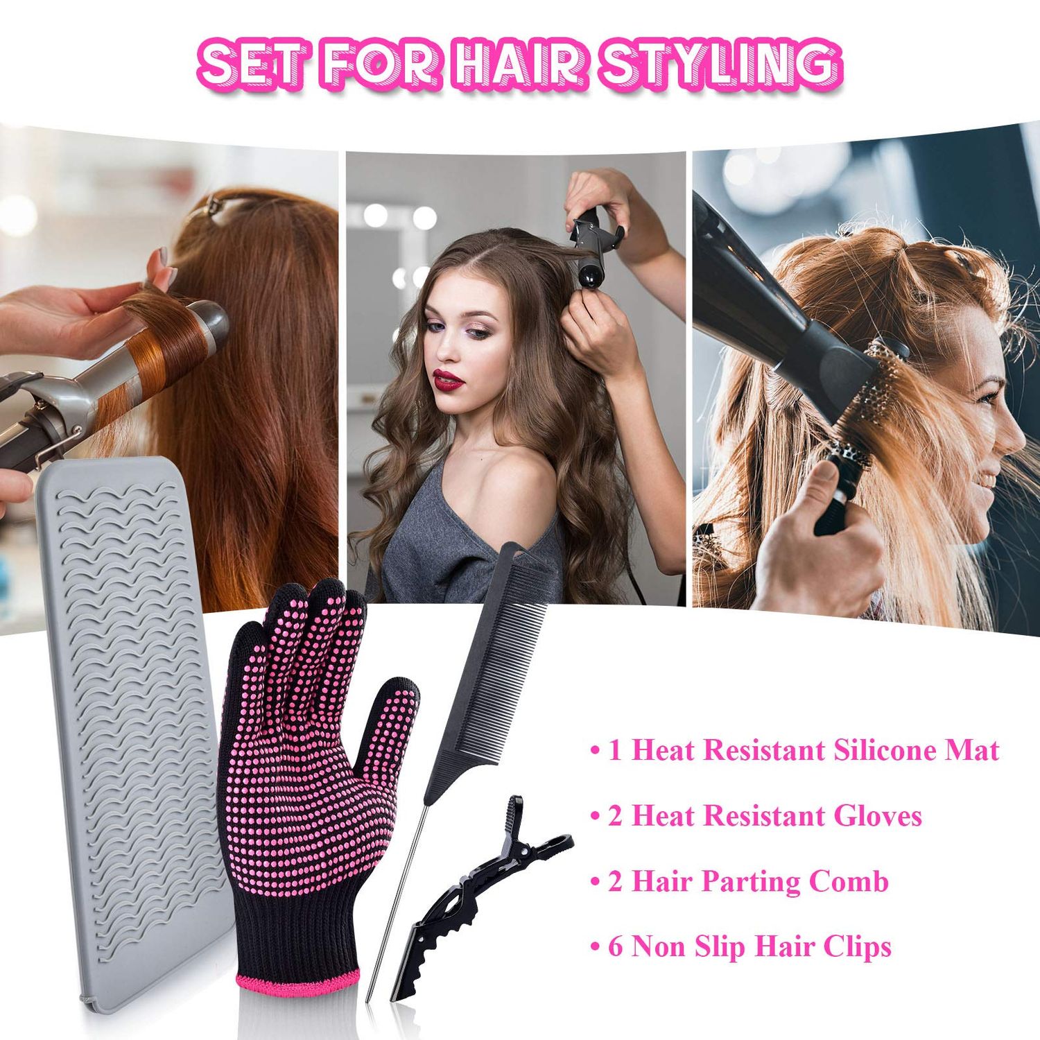 MORGLES Heat Gloves for Hair Styling, 2Pcs Professional Heat Resistant Gloves Silicone Heat Mat 6pcs Hair Clips and 2pcs Styling Comb for for Curling Iron Wands Flat Iron