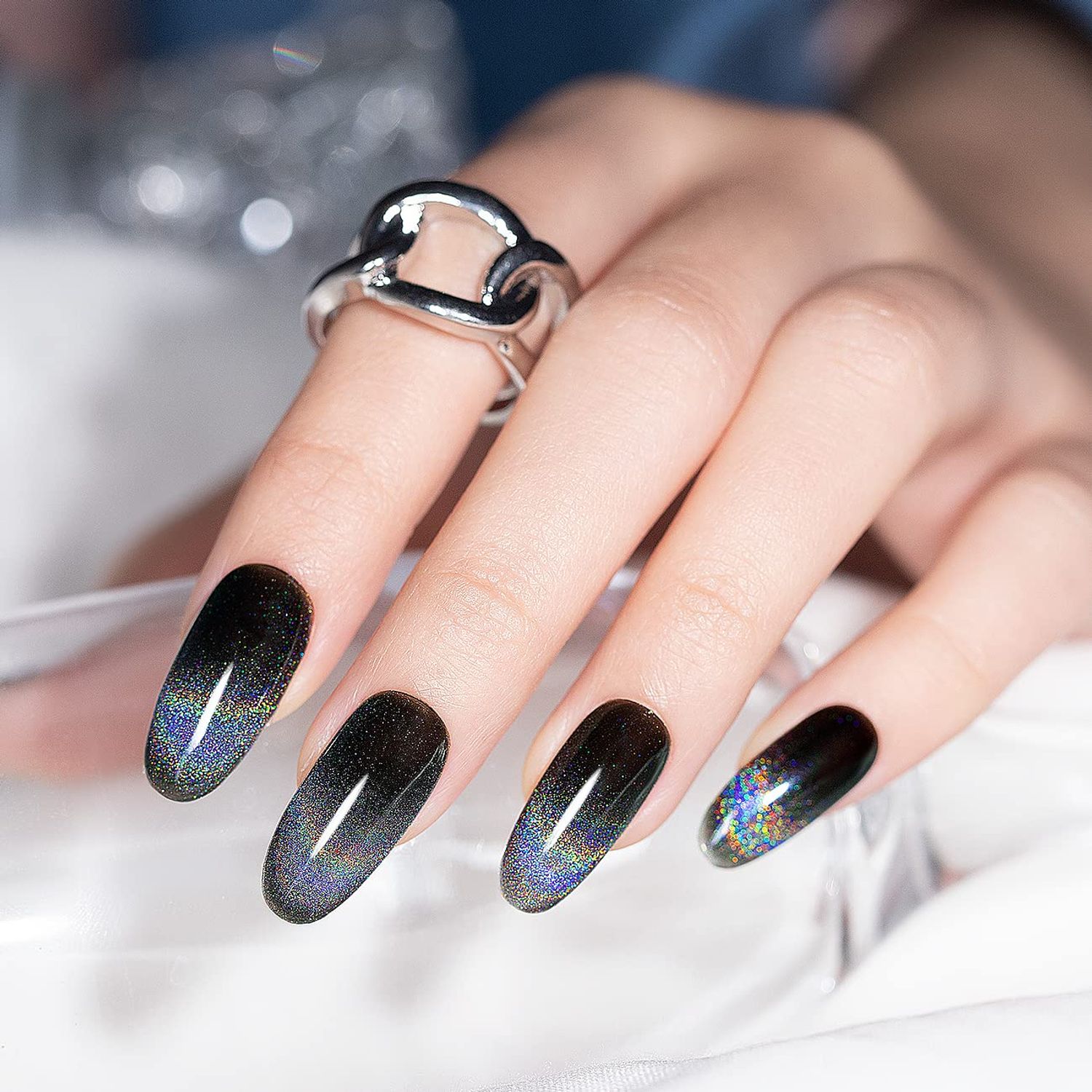 RARJSM Cat Eye Gel Nail Polish, Galaxy Chameleon Magnetic Gel Polish Black Holographic Glitter Gel Soak Off UV LED DIY Manicure Art for Salon Designs and Home DIY 7.5ML/0.26fl oz