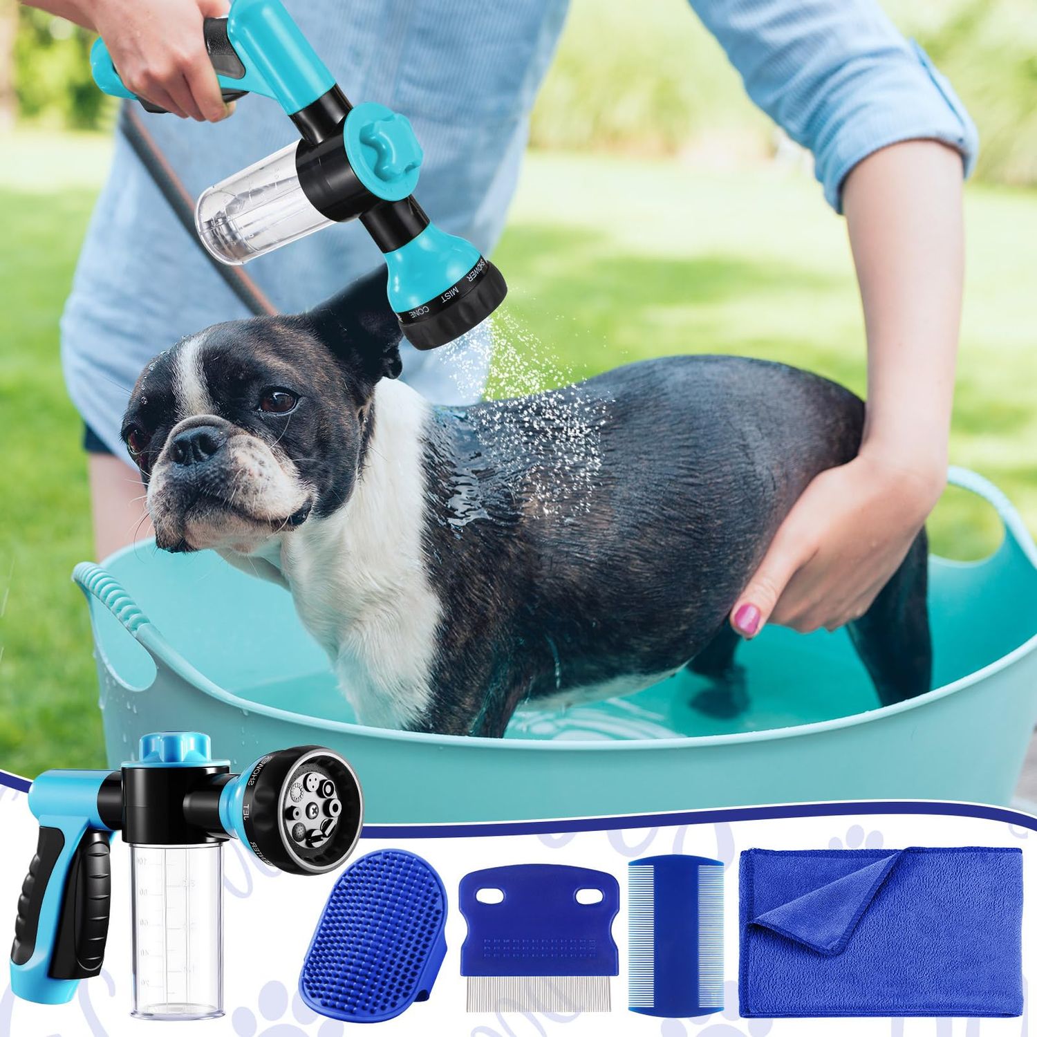 Baderke 10 Piece Dog Washing Hose Attachment Dog Hose Nozzle with Soap Dispenser Pet Shower Tool Set Dog Comb Bath Brush Towel Car Wash Mitt Brass Converter Tape for Pet Garden Car Washing (Blue)