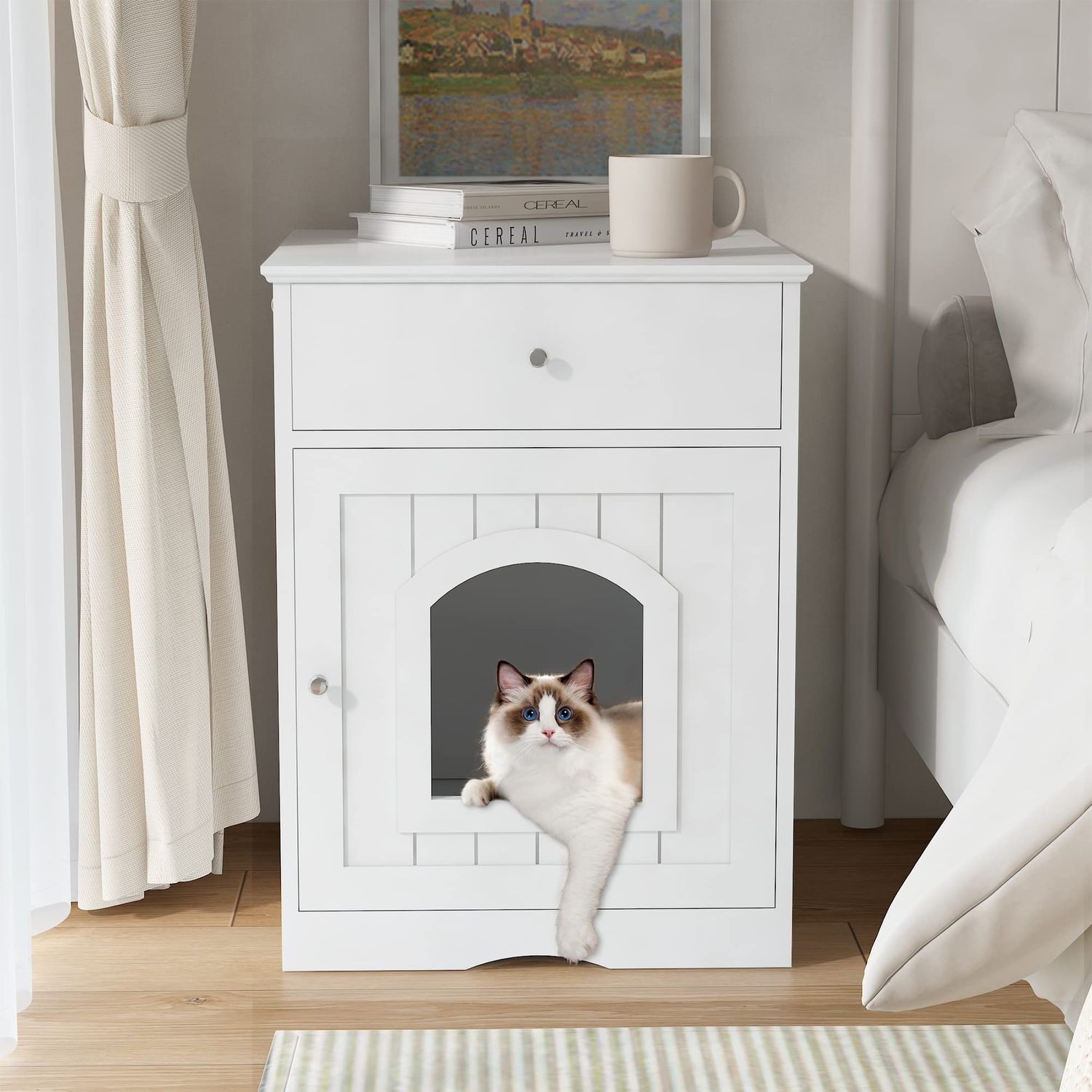 Donext Wood Cat House & Side Table with Drawer, Cat Home Covered Nightstand, Indoor Pet Crate, Litter Box Enclosure, Hooded Hidden Pet Box, Cats Furniture Cabinet, Kitty Washroom, White