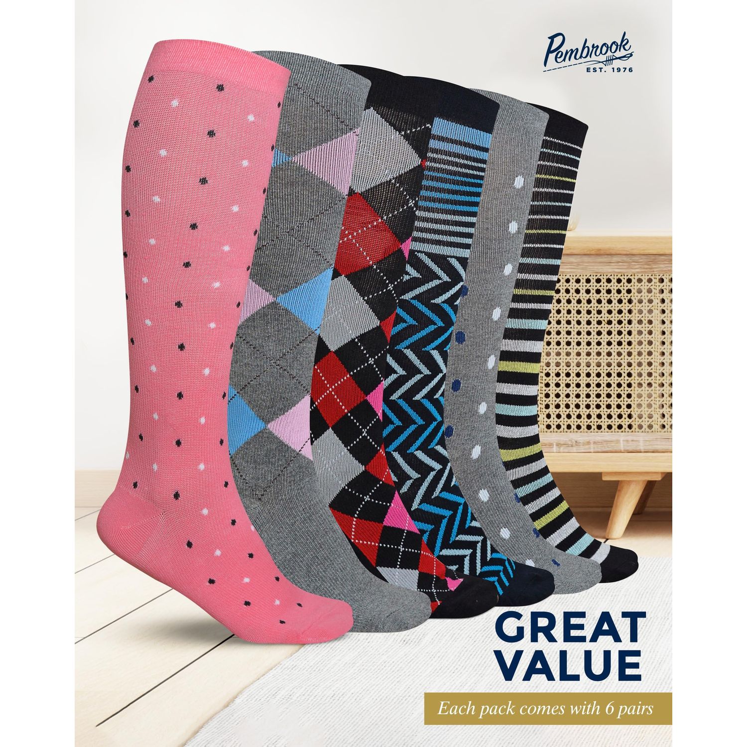 Pembrook Light Socks - 6 Pairs for Women; Argyle, Striped Cotton Socks - 8-15 mmHg Compression